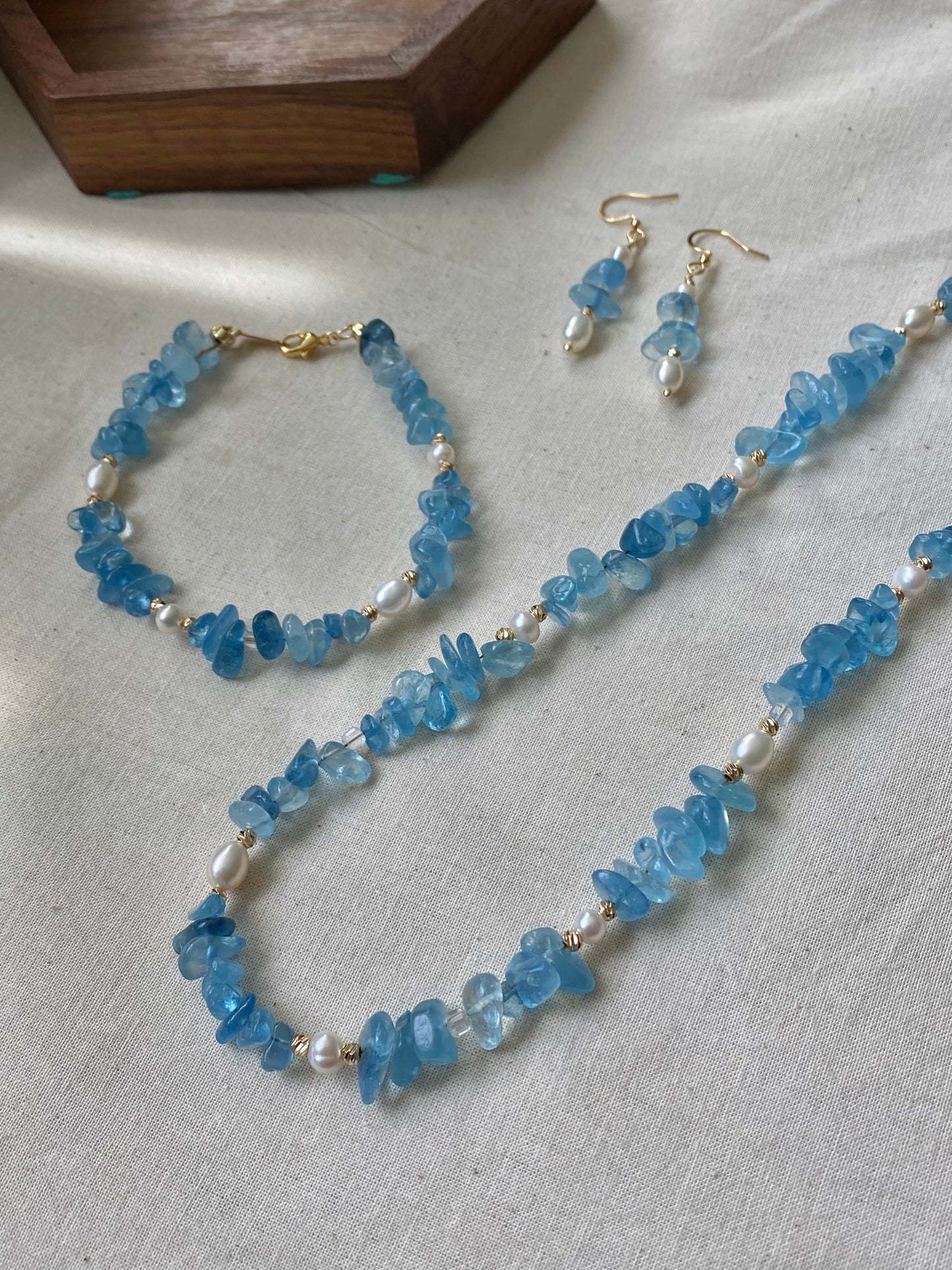 Aquamarine and Pearl Jewelry Necklace Bracelet Earrings 3 Piece Set  Convertible Long Necklace March Birthstone Gift for Her Bridesmaid Gift