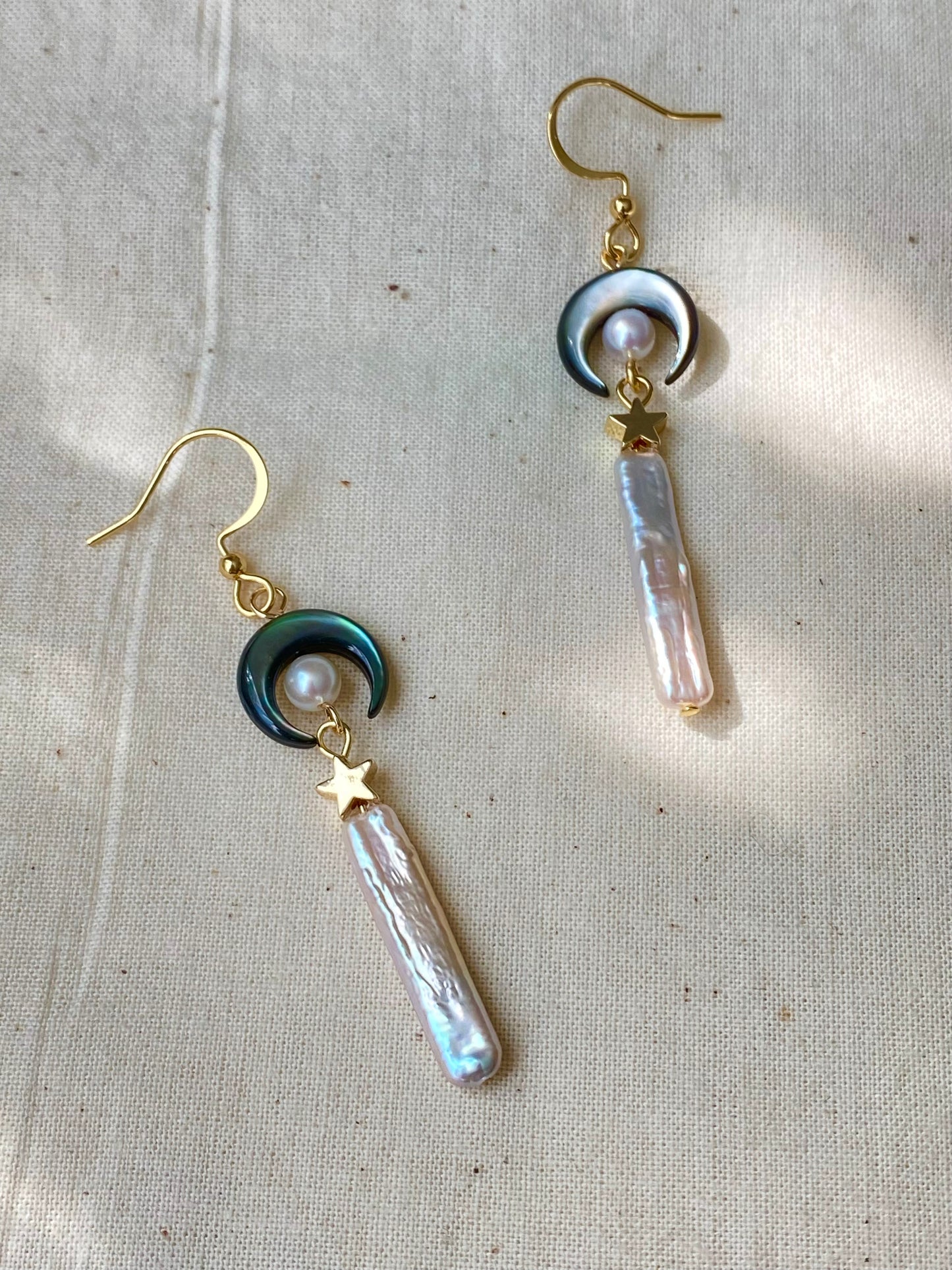 Moon Mother-of-Pearl and Baroque Stick Pearl Earrings – Celestial Mythology Dangle Earrings – Handmade Star and Crescent Moon Jewelry