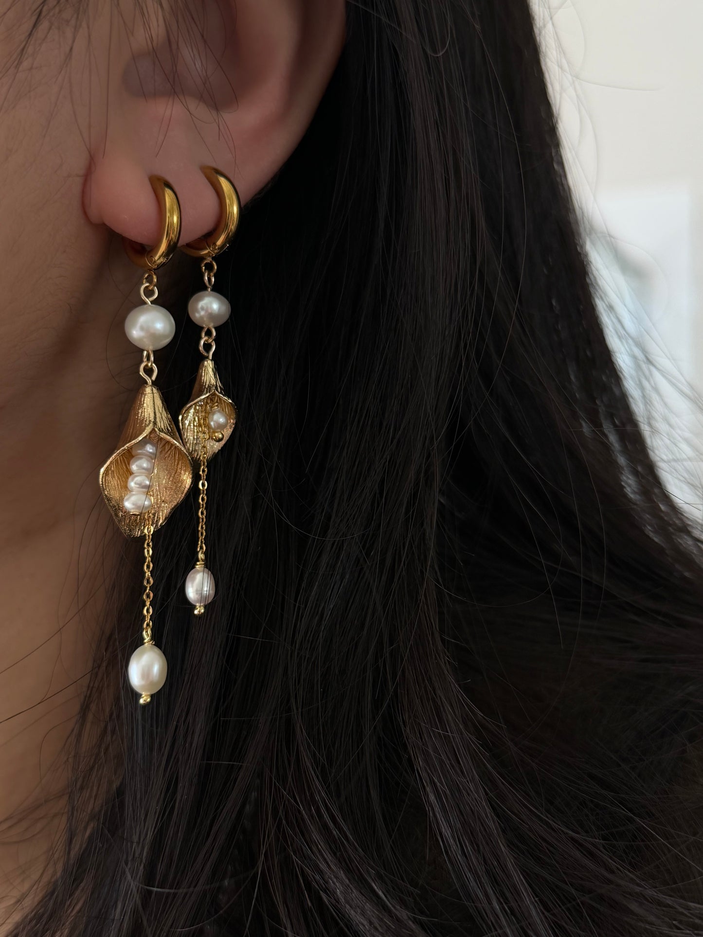 Gold Floral Calla Lily Pearl Tassel Dangle  Earrings  Wedding Bridal Jewelry  Elegant Statement Gift