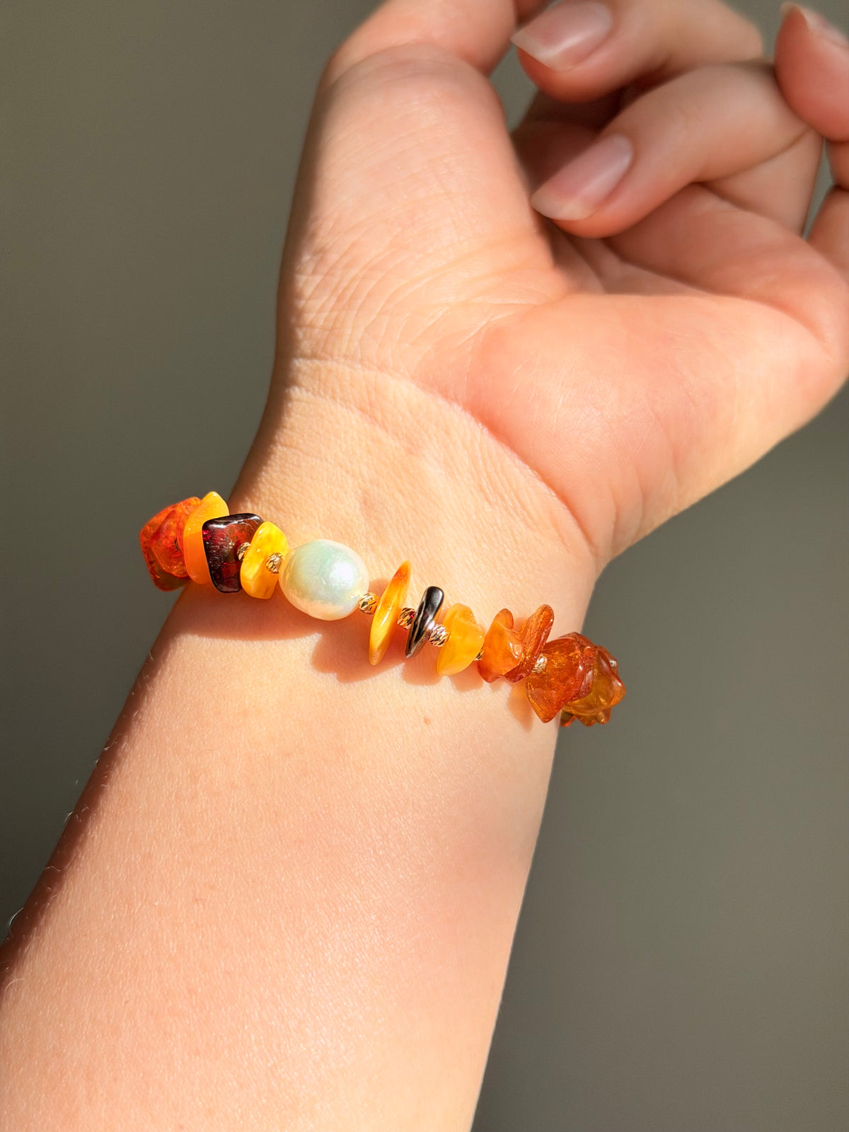 Autumn Fall Color Baltic Amber & Baroque Pearl Stretch Bracelet | Handmade Warm-Tone Jewelry
