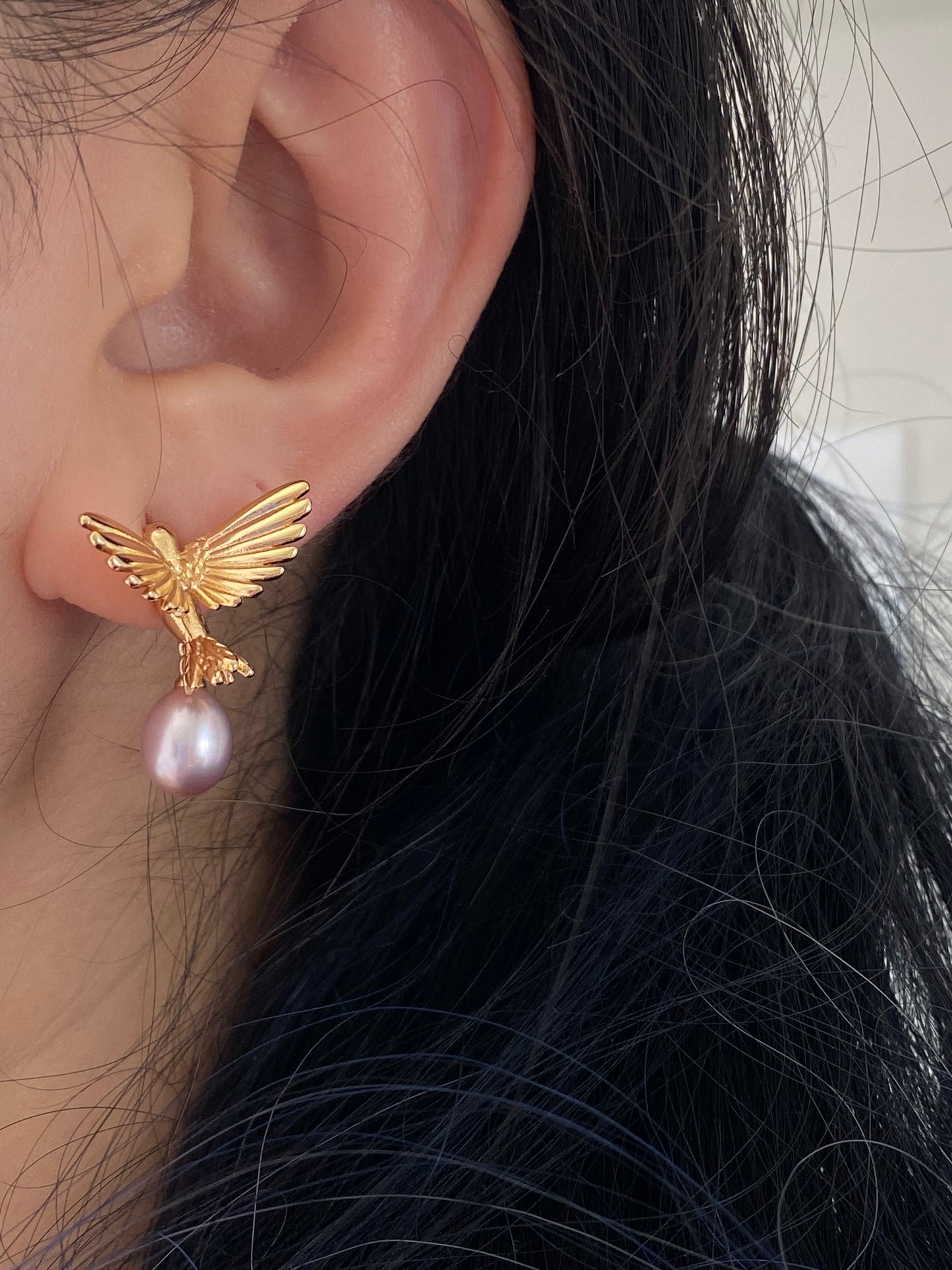Soaring Bird  Lavender  Pink Pearl Stud Statement Earrings Dainty Everyday Elegance  Romantic Weddings Jewelry Bridesmaid Gift for her