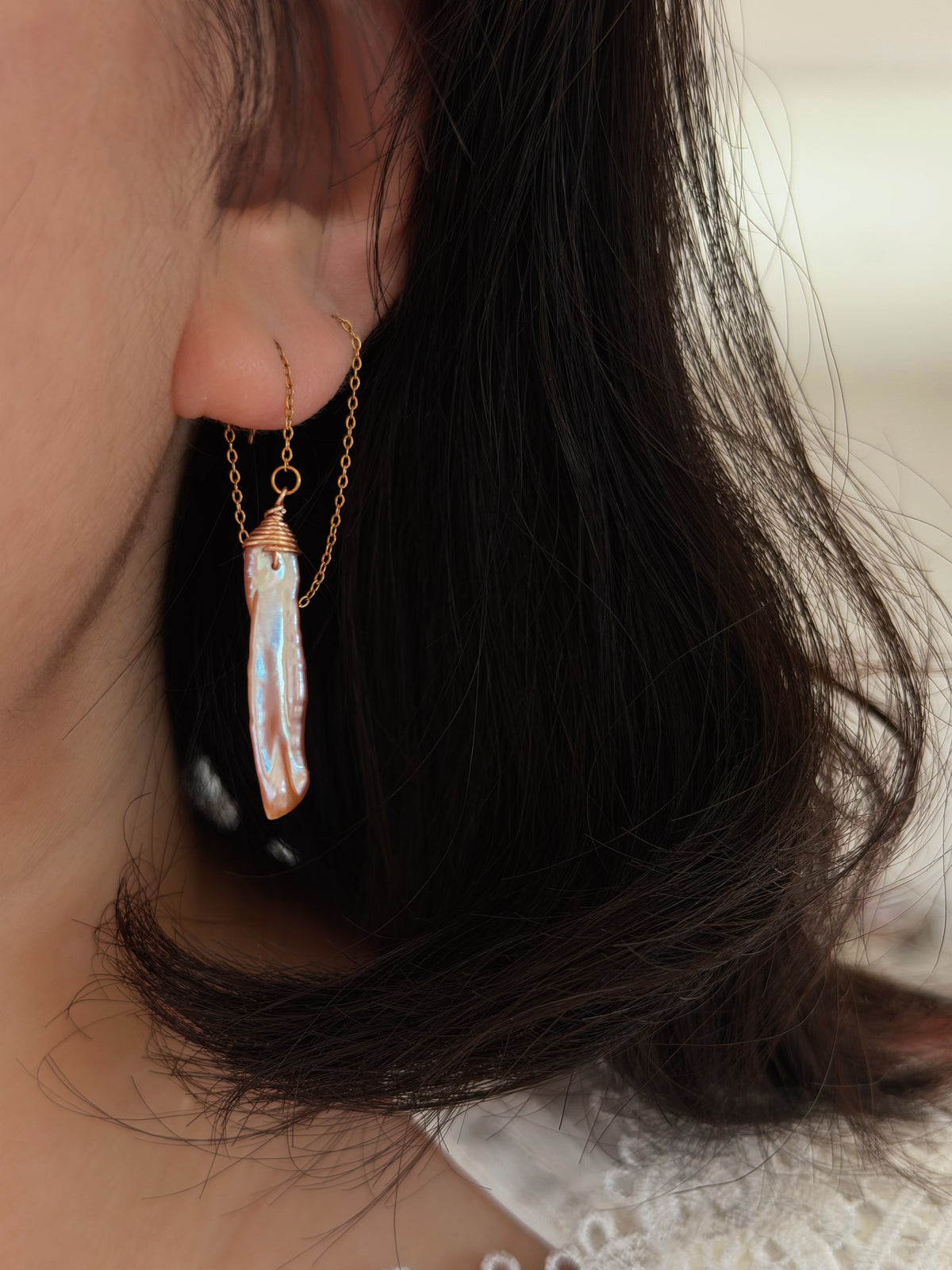Raine Aurora | Biwa Pearl Threader Earrings