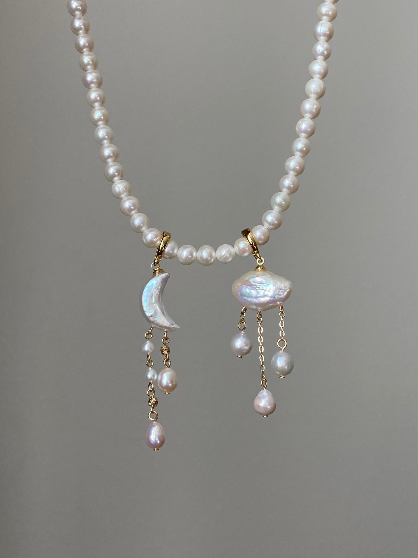 Celestial Cloud  Moon Light Baroque Pearl Necklace Pendant Dangling Earrings