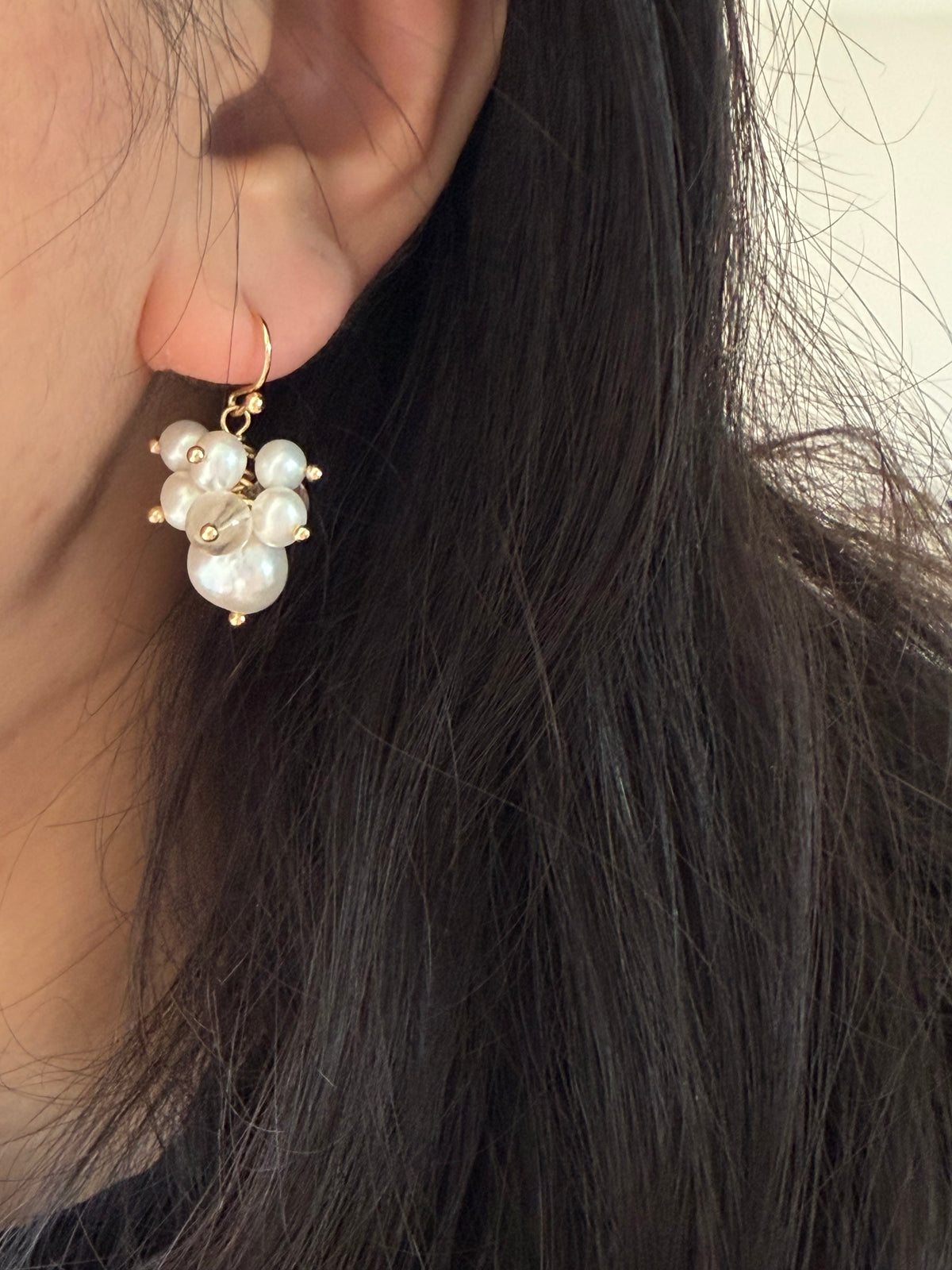 Clear Quartz & Baroque Pearl Bubble Cluster Earrings – 14k Gold Filled