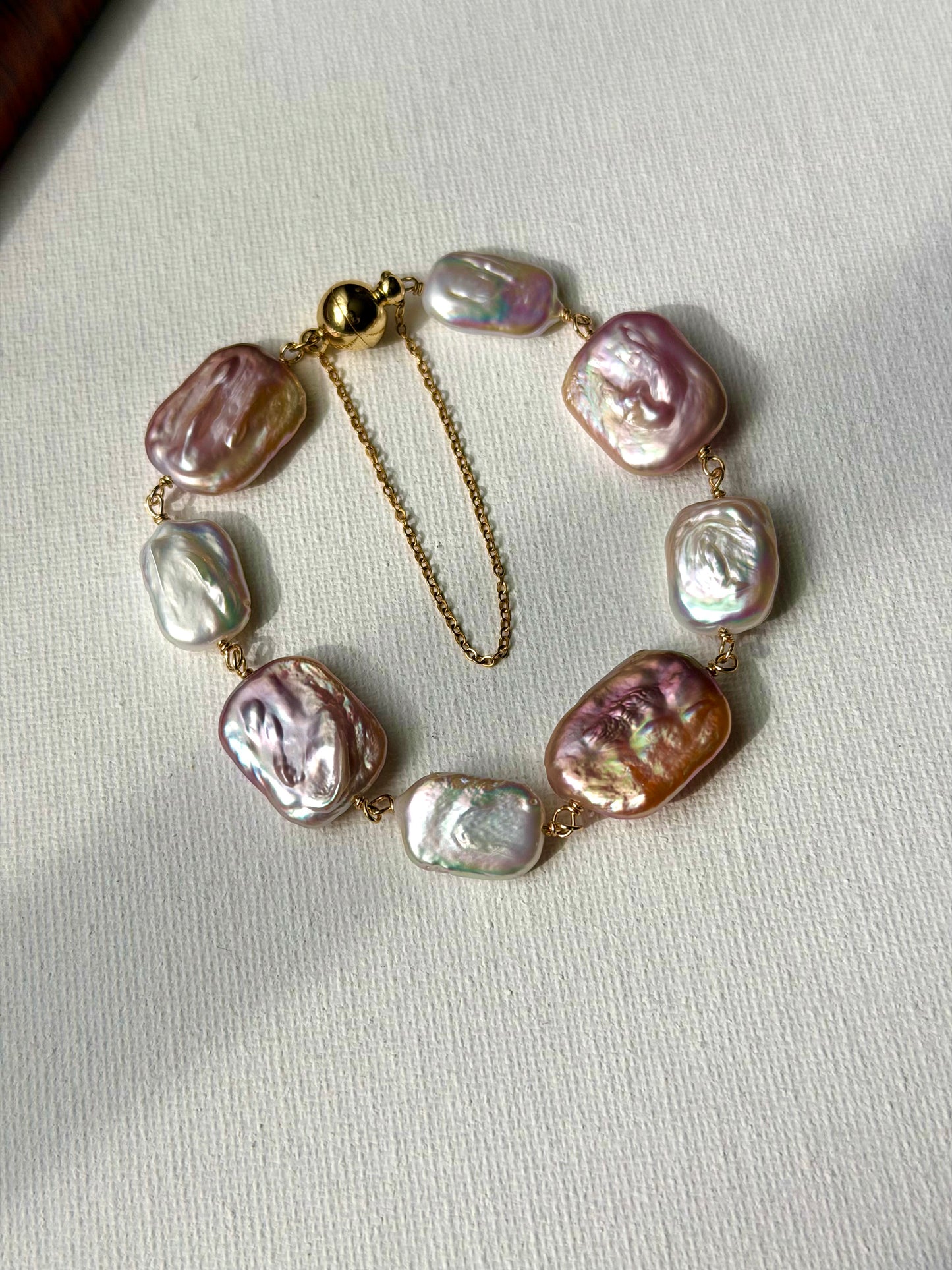 Baroque Pearl Magnetic Clasp Bracelet with Safety Chain – Natural Iridescent Freshwater Pearls, Gold Filled, Handmade Elegant Gift for Her