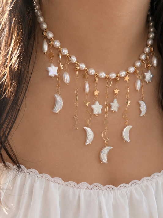 Moon & Star Baroque Pearl Necklace | LUNA Collection, Celestial Freshwater Pearl Fringe Necklace, Handmade Bridal Jewelry