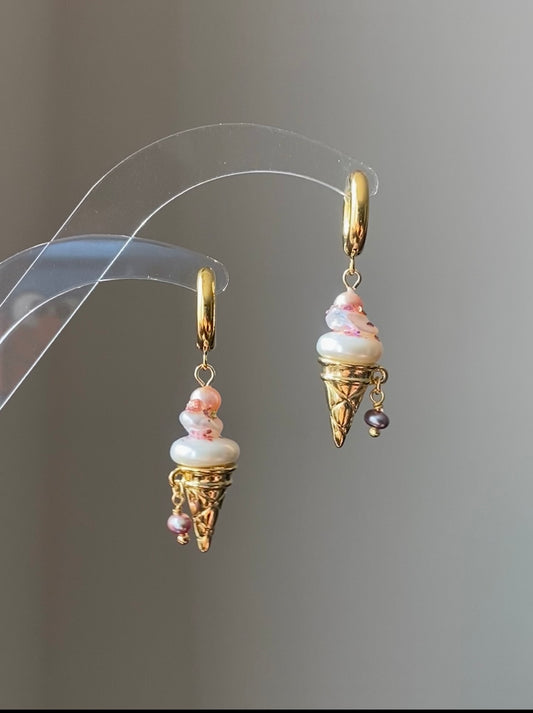 Strawberry Swirl Baroque Pearl Ice Cream Cone Earrings, Handmade Fun Statement Jewelry Summer Gift, Whimsical Pearl Earrings, Unique Earring