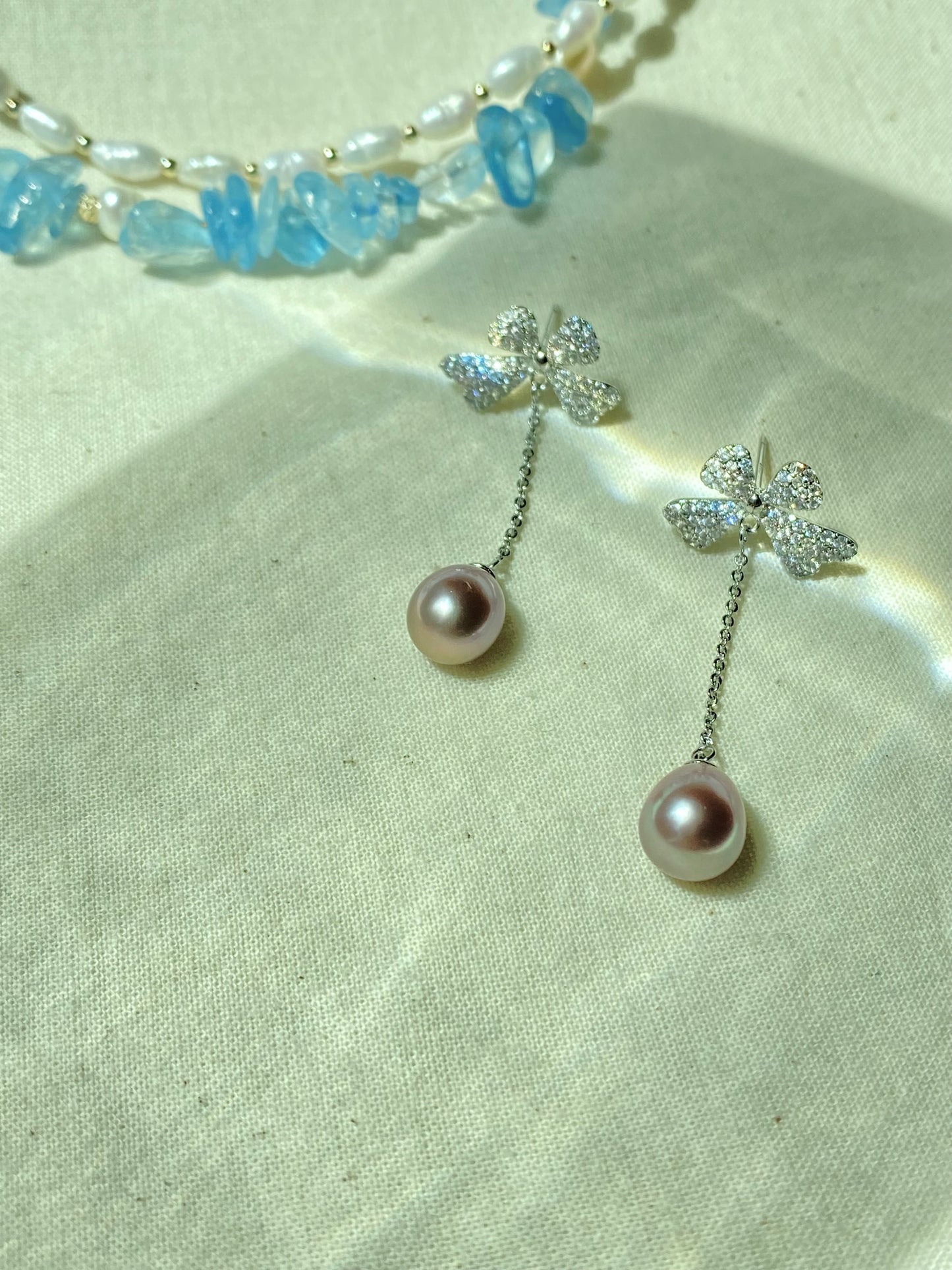 Sparkling Bow Pearl Drop Earrings Purple pink water drop Dangle Earrings | Romantic Wedding Jewelry Bridesmaid Gift Dainty Gift for Her
