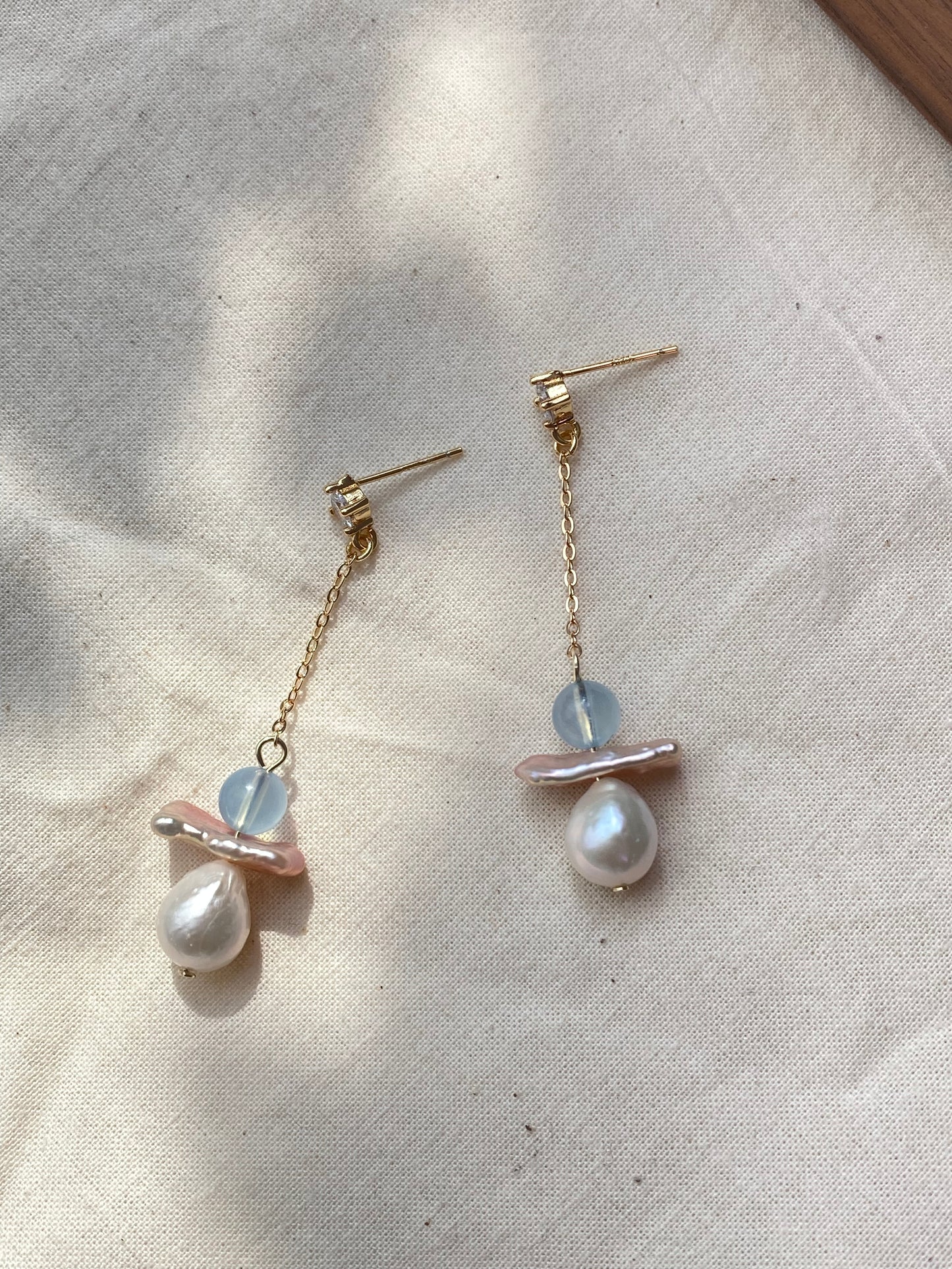 Celestial Angel Pearl Earrings, Aquamarine Baroque Pearl Dangle Earrings, Gold Drop Earrings, Handmade earring Gift for Her Bridesmaid Gift