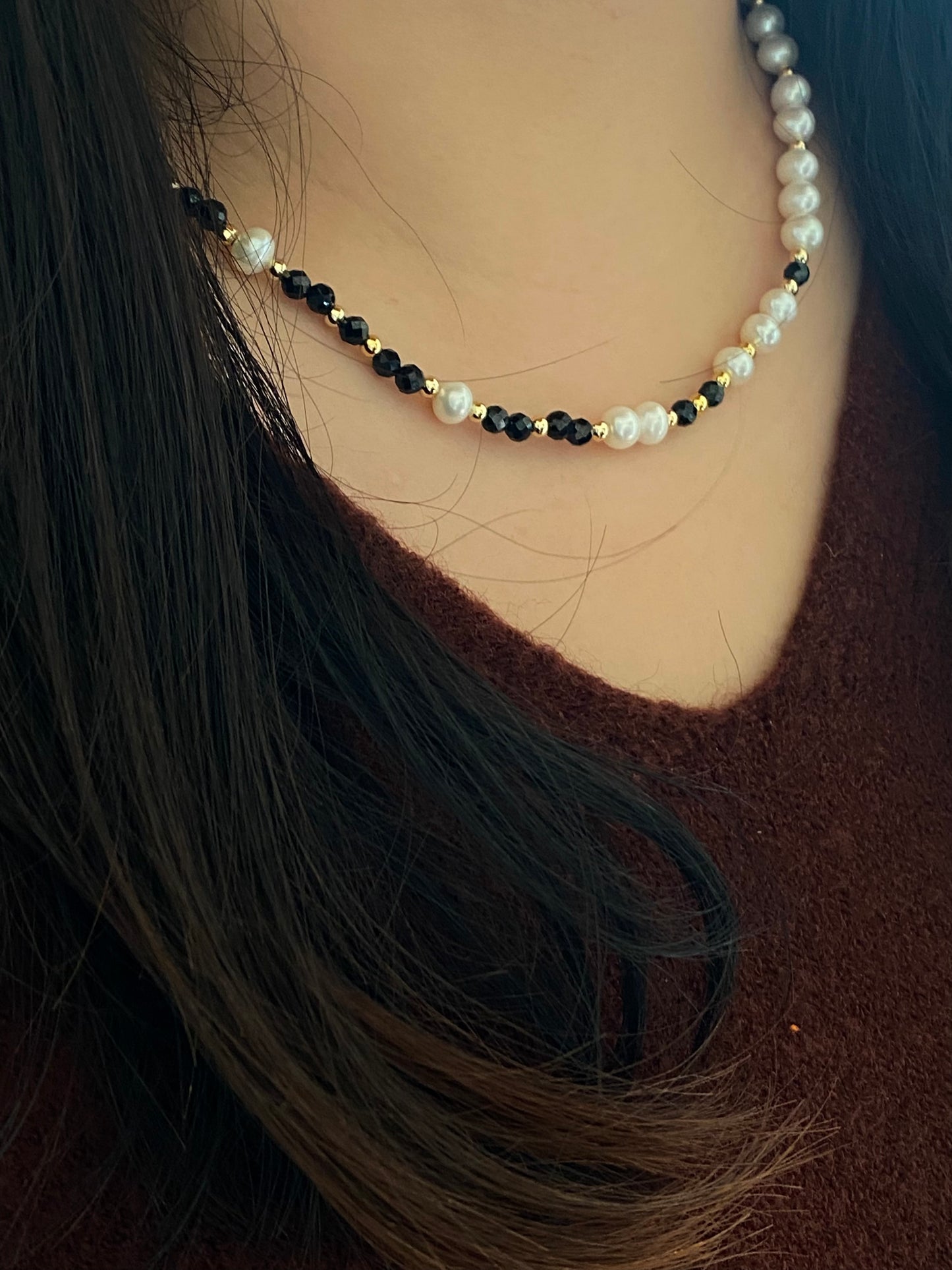 Handmade natural black spinel with round pearl multiple use chocker adjustable necklace,gift for her