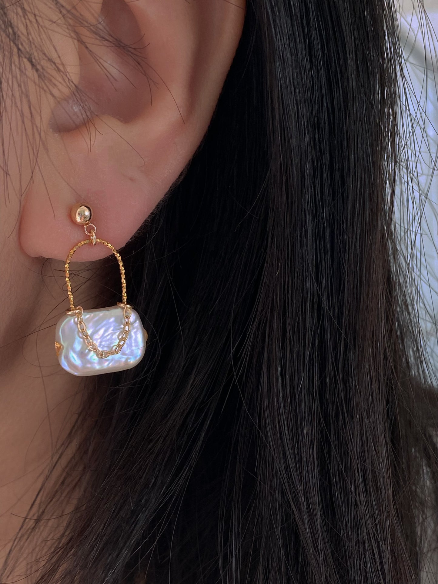 Baroque Pearl Mini Shoulder Bag Earrings  Gold Plated Hoop Purse Dangle Handmade Unique Luster Pearl Statement Jewelry Birthday Gift for Her