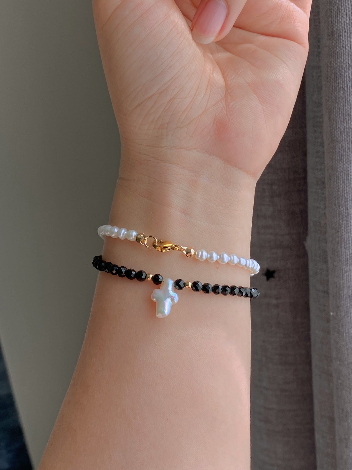 Black Spinel & Pearl Cross Necklace | Multi-Wear Double Bracelet | Tarnish-Free Gold - Your Brand