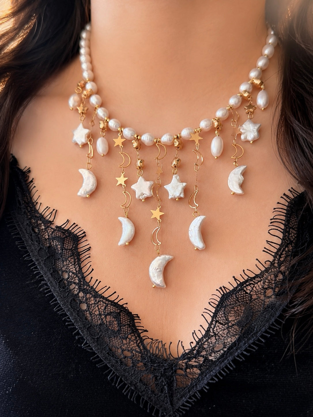 Moon & Star Baroque Pearl Necklace | LUNA Collection, Celestial Freshwater Pearl Fringe Necklace, Handmade Bridal Jewelry