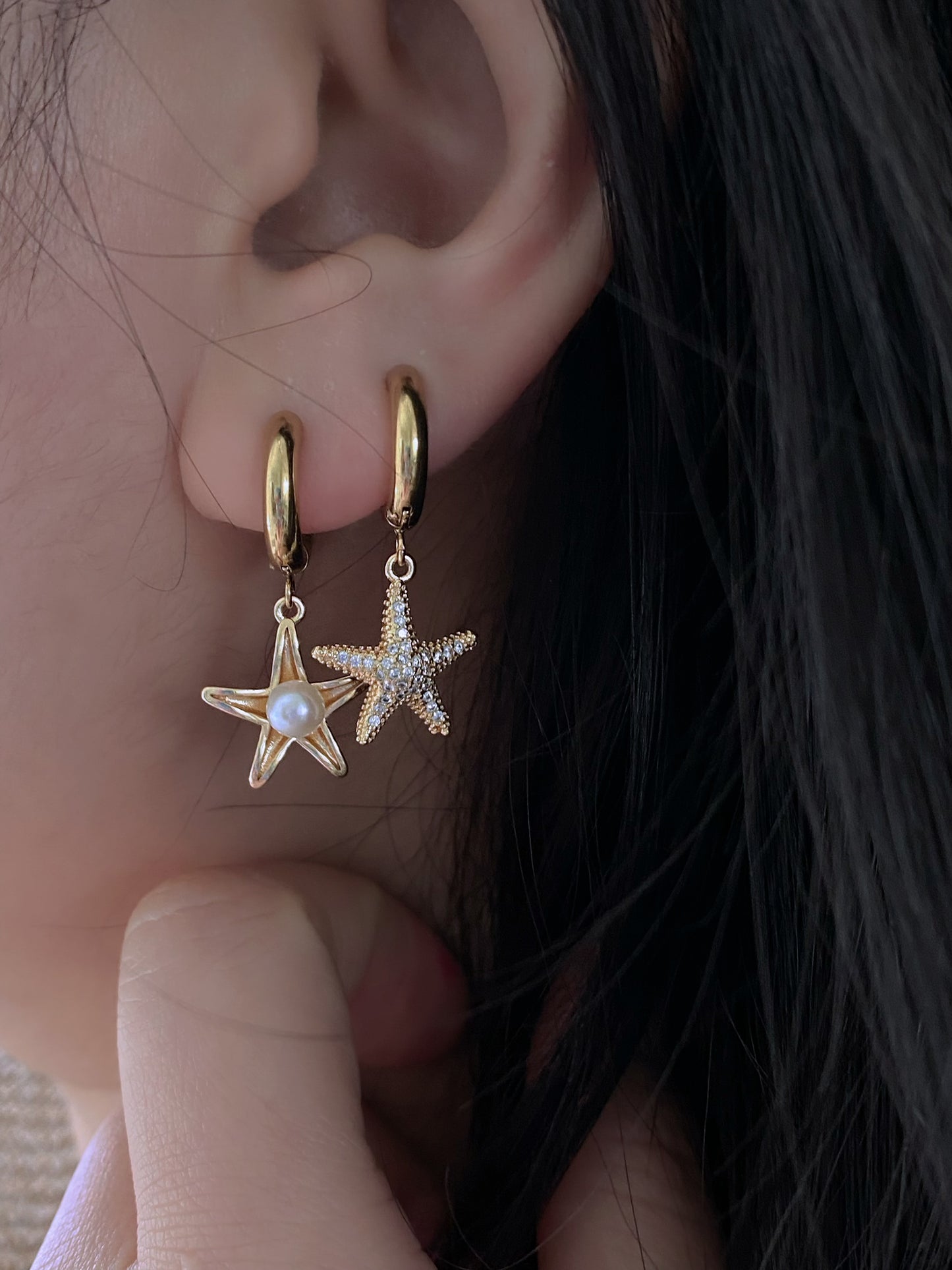starfish shell Akoya earrings, mismatched earrings, zircon earrings, asymmetrical earrings,  pearl pendant, elegant Dainty gift for her