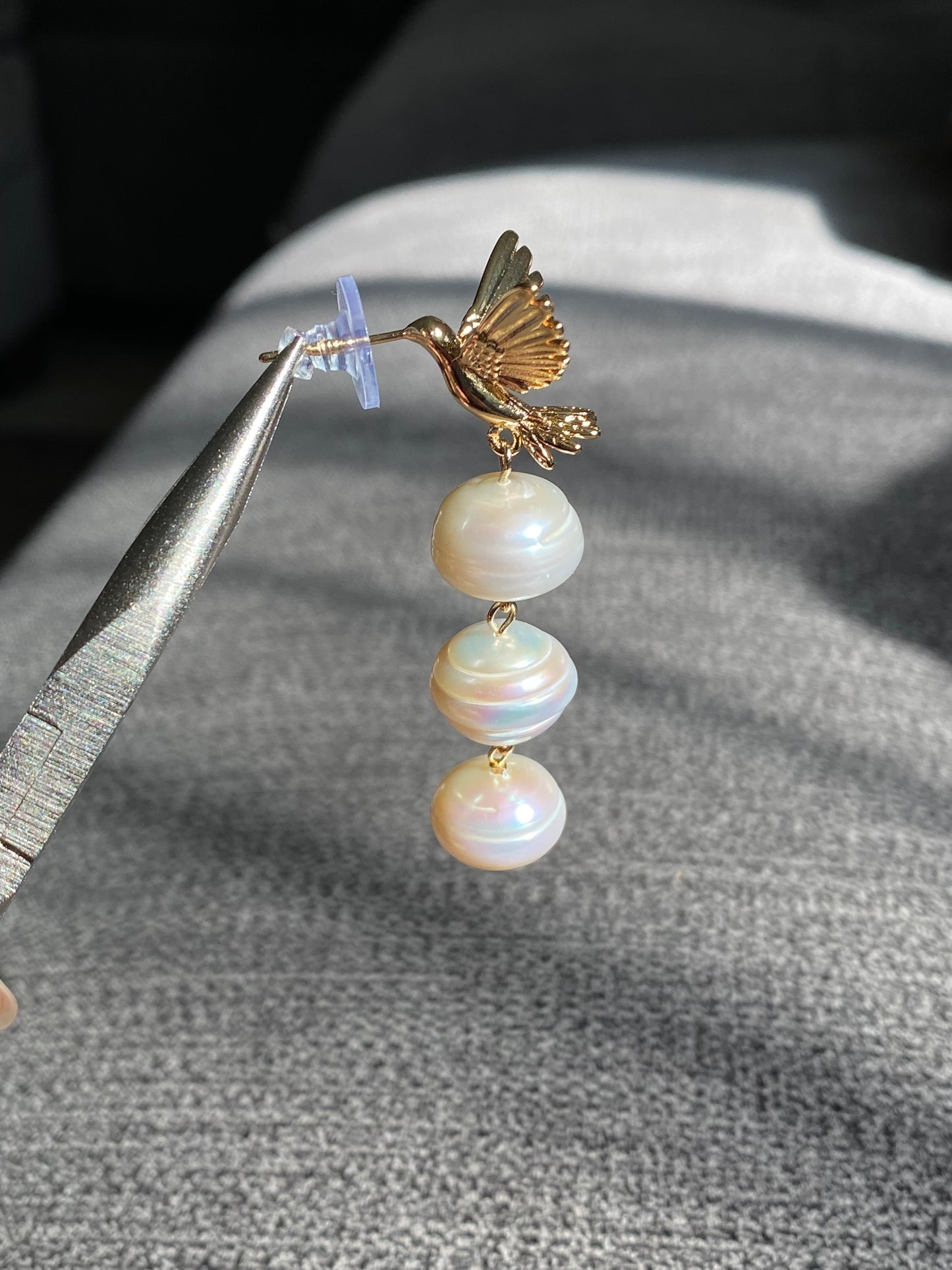Baroque Triple Pearl Drop Earrings with Gold Hummingbird Studs – Elegant Nature-Inspired Statement Weddings Earrings