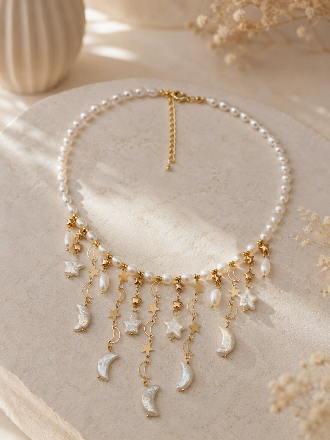 Moon & Star Baroque Pearl Necklace | LUNA Collection, Celestial Freshwater Pearl Fringe Necklace, Handmade Bridal Jewelry