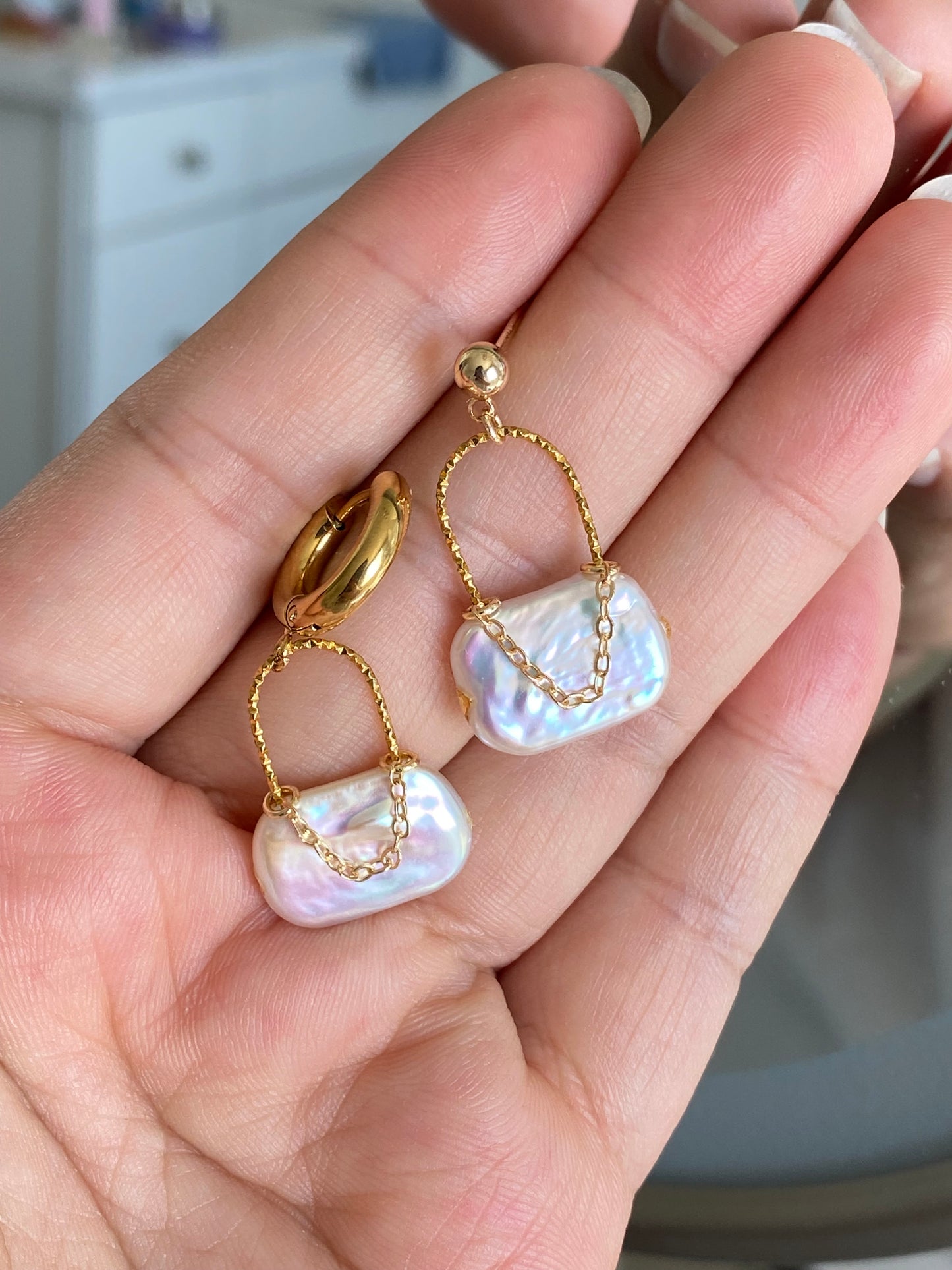 Baroque Pearl Mini Shoulder Bag Earrings  Gold Plated Hoop Purse Dangle Handmade Unique Luster Pearl Statement Jewelry Birthday Gift for Her