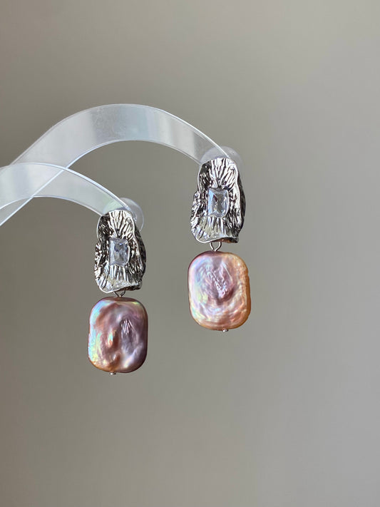Asymmetrical Baroque Pearl Earrings  Iridescent Rectangle Pearls  Textured Silver Studs Minimalist Statement earring gift for her