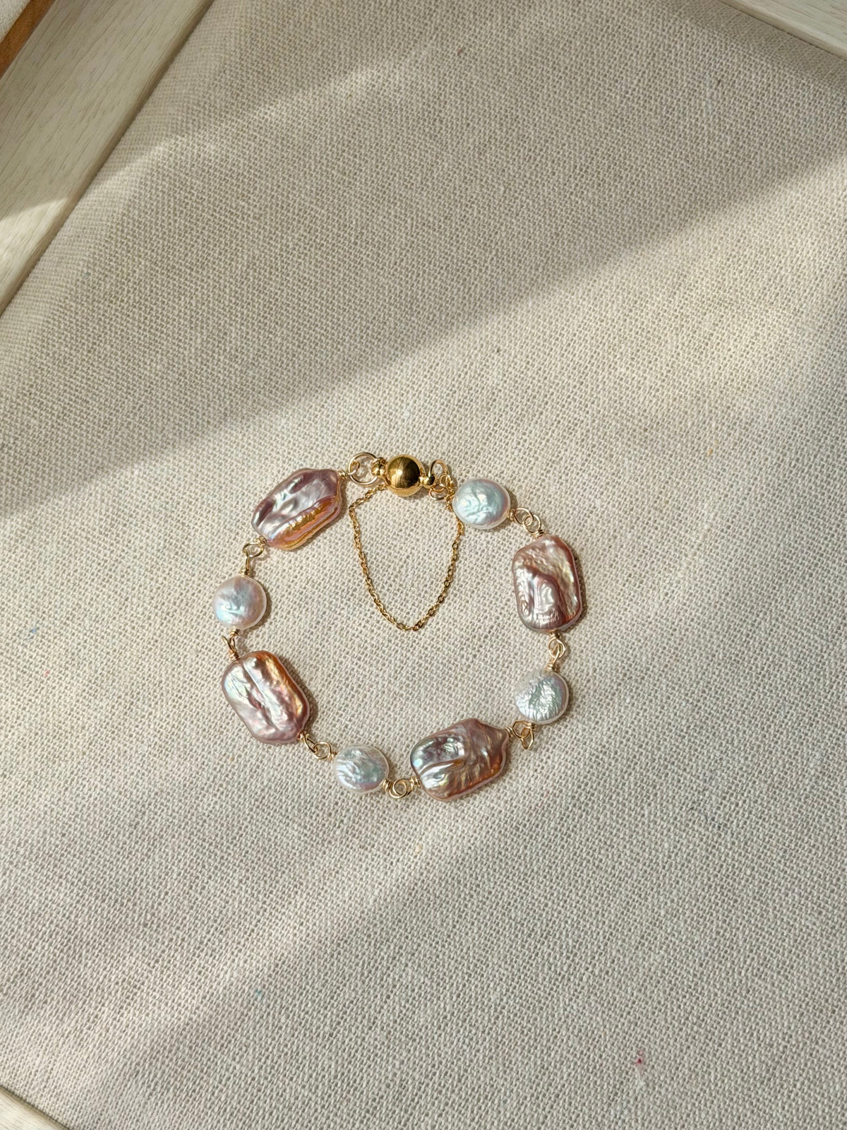 Mauve Rectangular & Coin Freshwater Pearls, Magnetic Clasp Bracelet