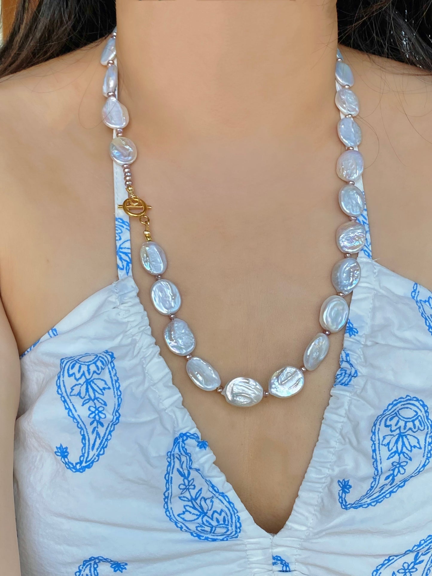 Elegant Vintage Flat Baroque Pearl Dainty Necklace – Toggle Clasp Princess Wedding Jewelry Pearl Choker Necklace Bridesmaid Gift for her