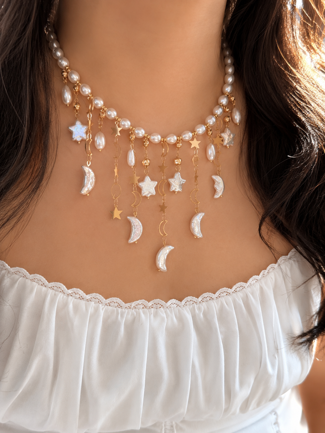 Moon & Star Baroque Pearl Necklace | LUNA Collection, Celestial Freshwater Pearl Fringe Necklace, Handmade Bridal Jewelry