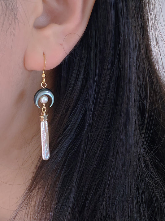 Moon Mother-of-Pearl and Baroque Stick Pearl Earrings – Celestial Mythology Dangle Earrings – Handmade Star and Crescent Moon Jewelry
