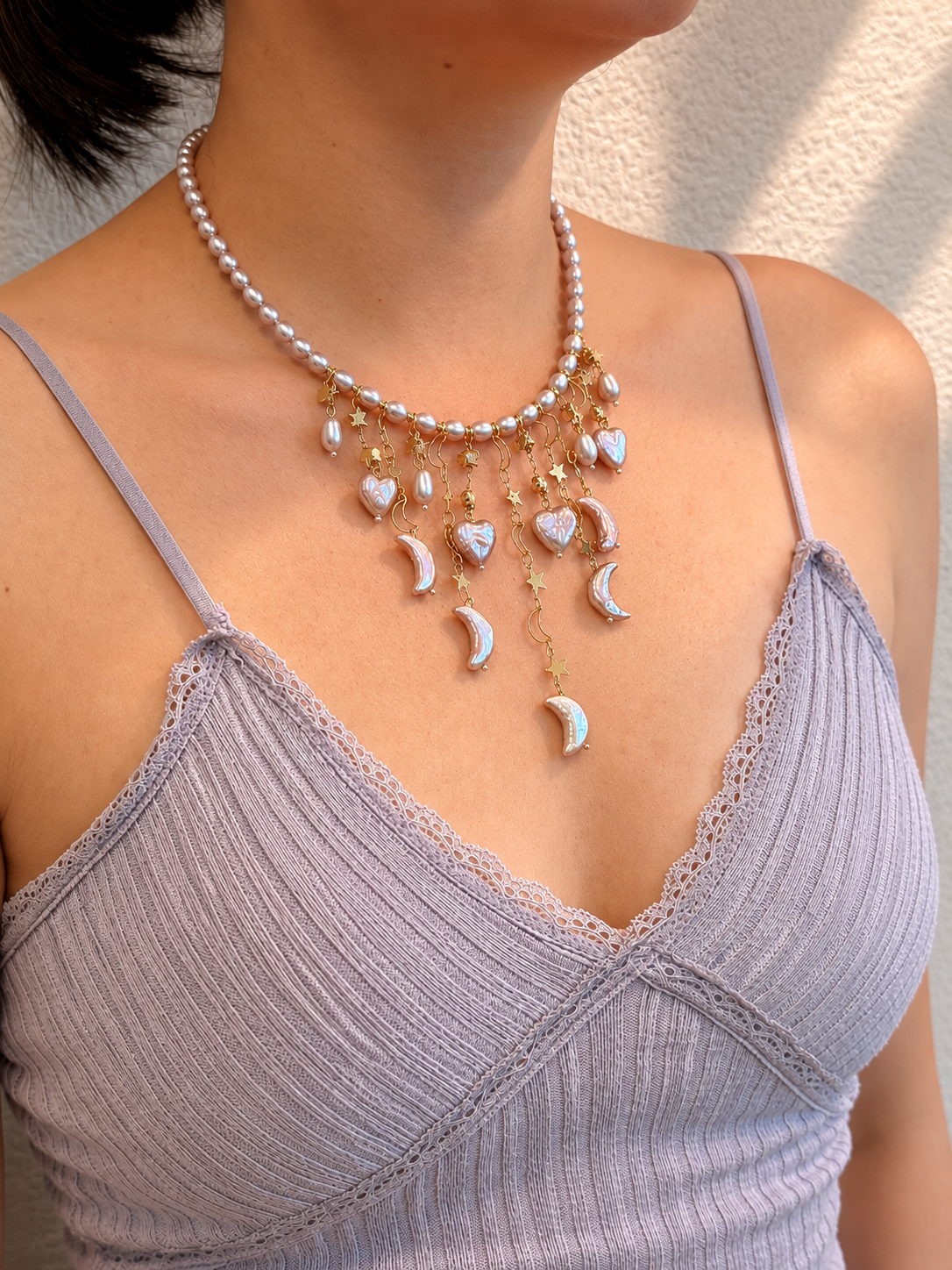 Lavender Baroque Pearl Necklace, Moon Star Heart Charm Tassel Jewelry-LUNARIA