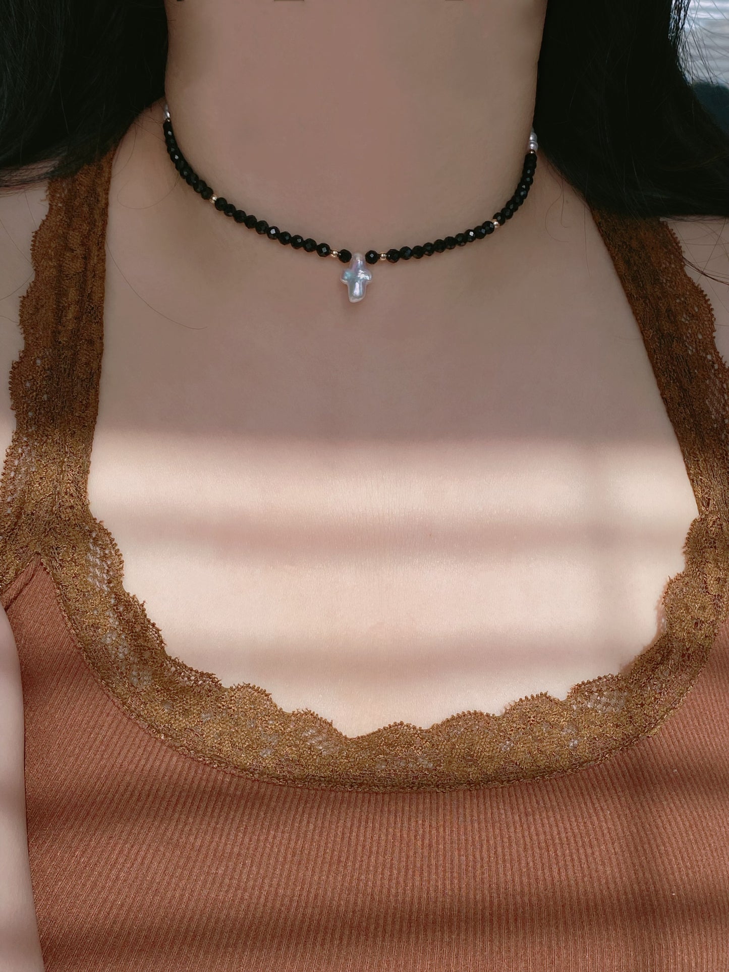 Black Spinel & Pearl Cross Necklace | Multi-Wear Double Bracelet | Tarnish-Free Gold - Your Brand