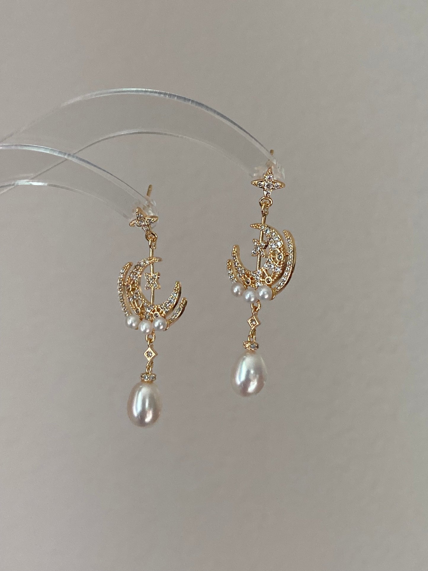 Star & Moon Pearl Dangle Earrings | High Luster Bridal Jewelry | 18K Gold Plated - Jinger Crafting