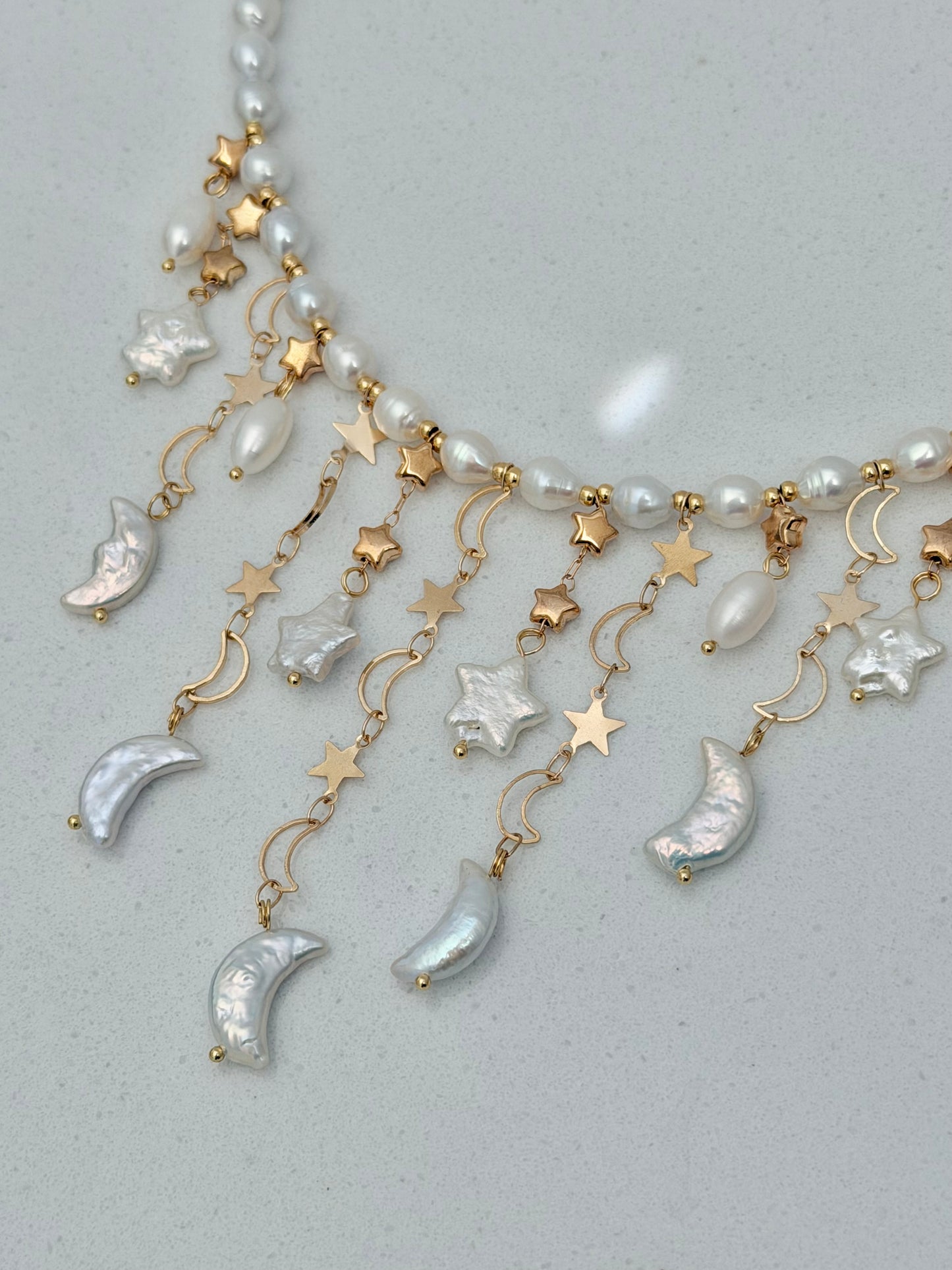 Moon & Star Baroque Pearl Necklace | LUNA Collection, Celestial Freshwater Pearl Fringe Necklace, Handmade Bridal Jewelry