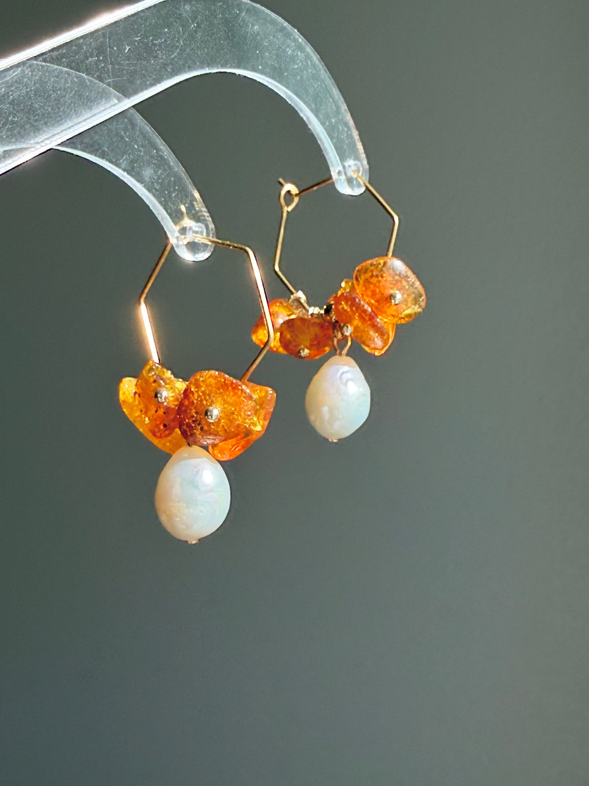 Baltic Amber & Large Baroque Pearl Wreath Hoop Earrings | Autumn Caramel Collection