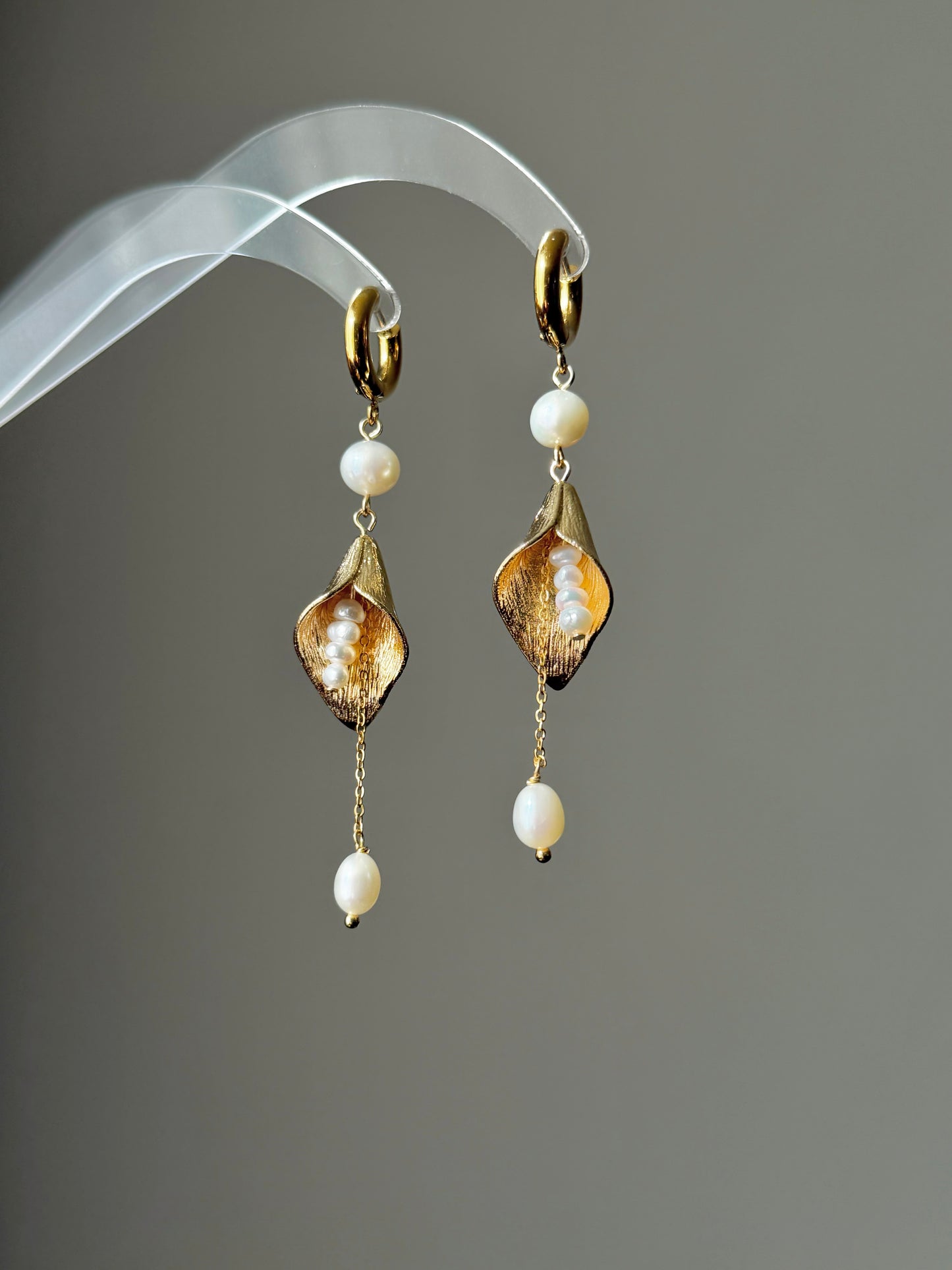 Gold Floral Calla Lily Pearl Tassel Dangle  Earrings  Wedding Bridal Jewelry  Elegant Statement Gift