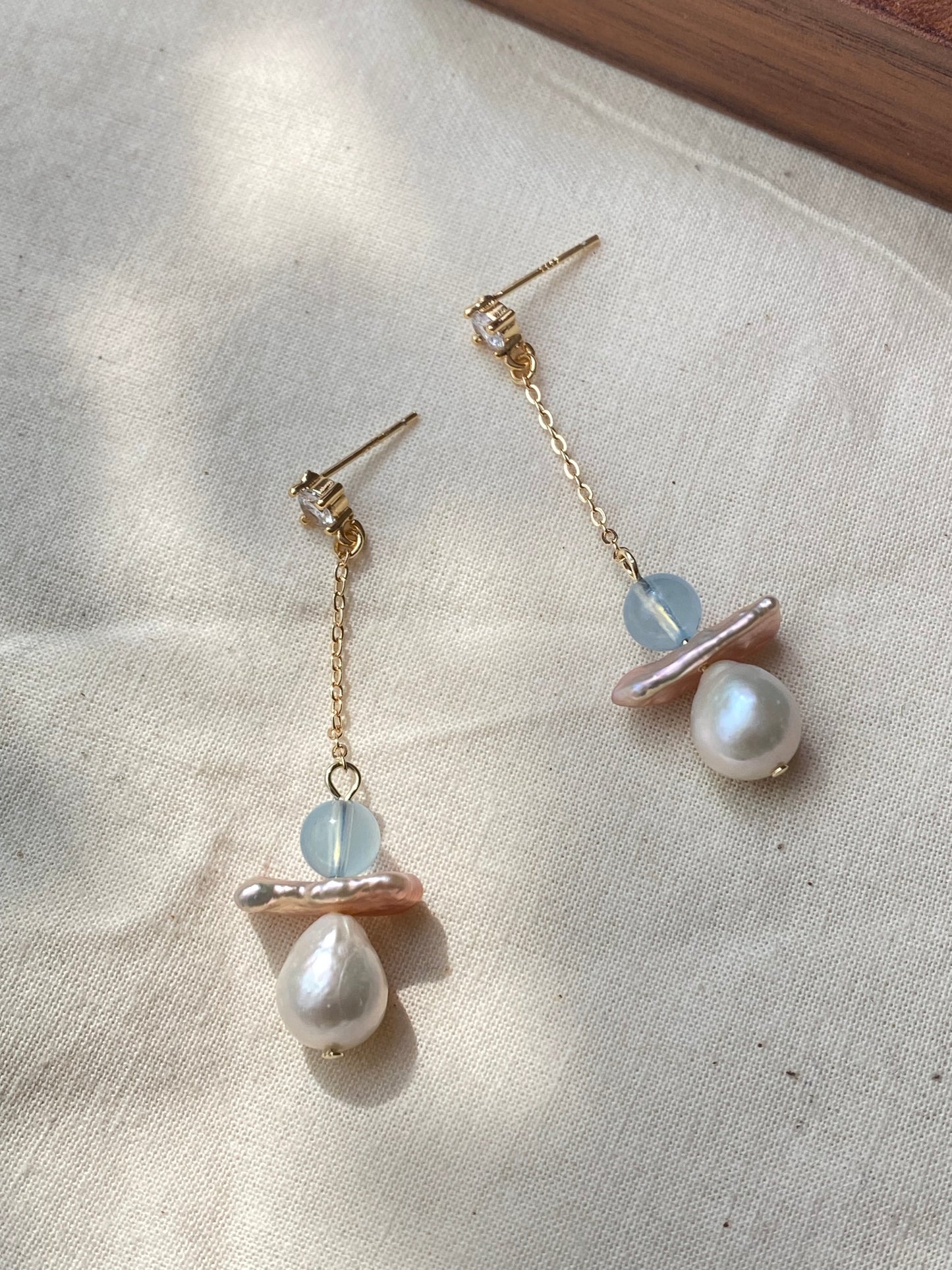 Celestial Angel Pearl Earrings, Aquamarine Baroque Pearl Dangle Earrings, Gold Drop Earrings, Handmade earring Gift for Her Bridesmaid Gift
