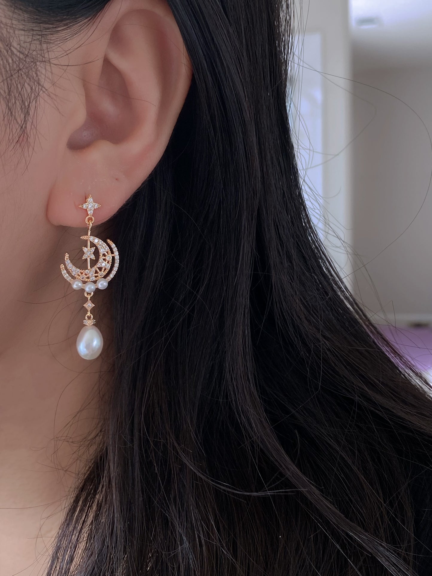 Star & Moon Pearl Dangle Earrings | High Luster Bridal Jewelry | 18K Gold Plated - Jinger Crafting