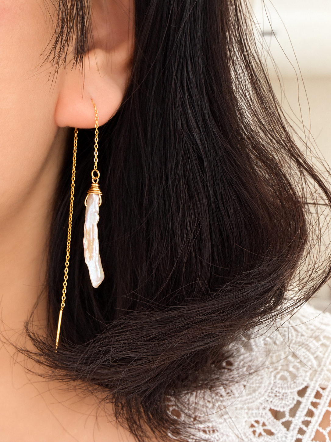 Raine Aurora | Biwa Pearl Threader Earrings