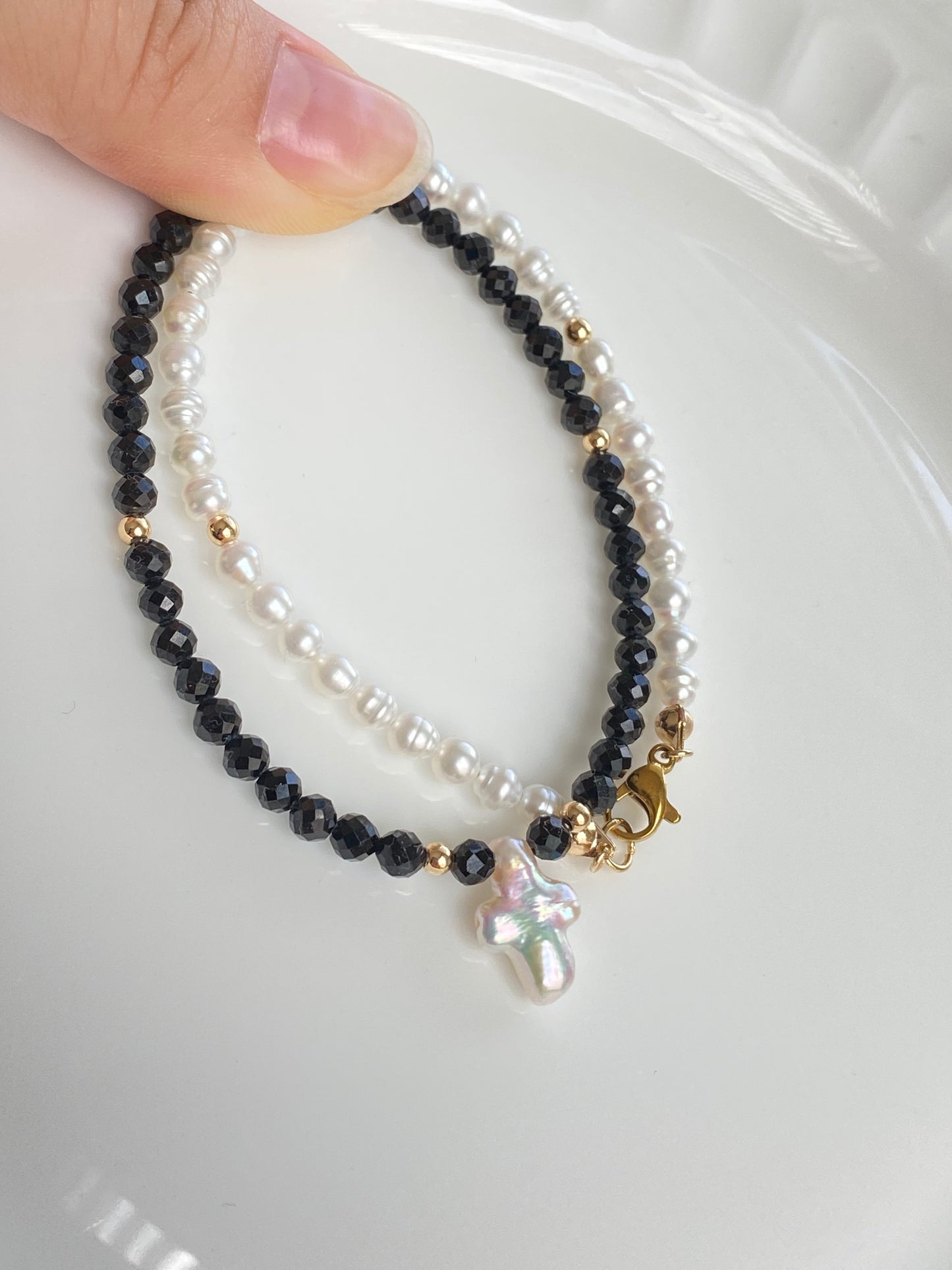 Black Spinel & Pearl Cross Necklace | Multi-Wear Double Bracelet | Tarnish-Free Gold - Your Brand