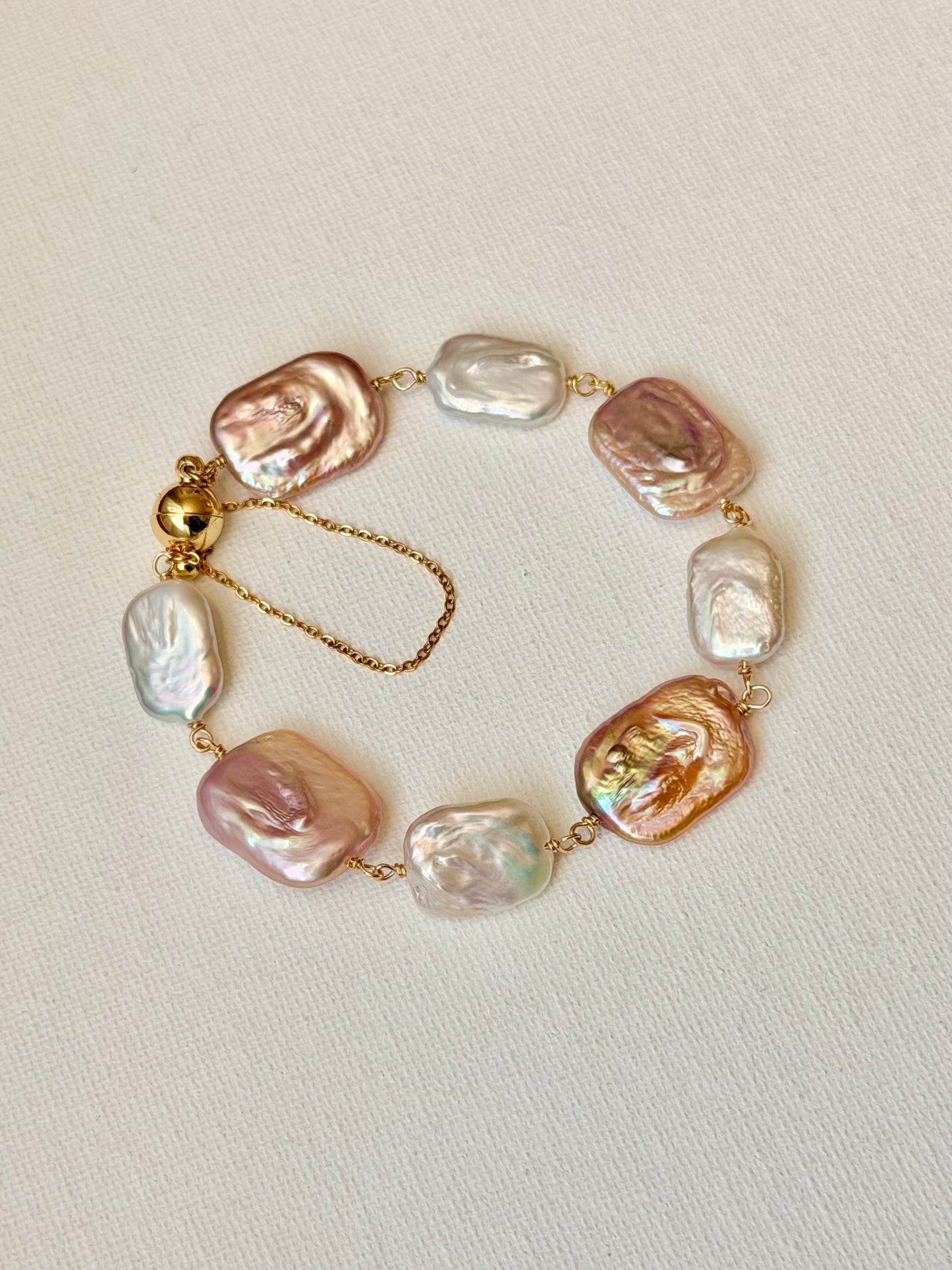 Baroque Pearl Magnetic Clasp Bracelet with Safety Chain – Natural Iridescent Freshwater Pearls, Gold Filled, Handmade Elegant Gift for Her