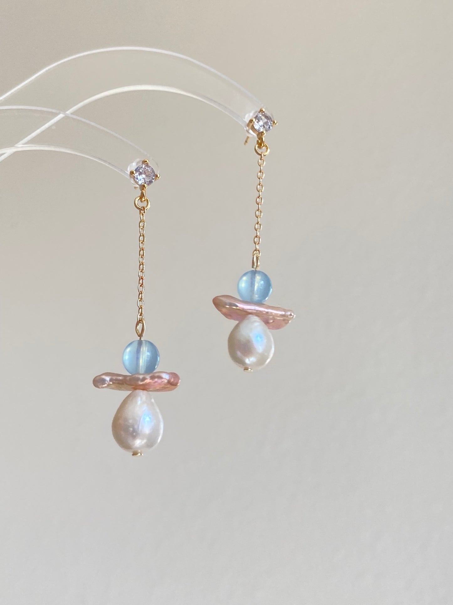 Celestial Angel Pearl Earrings, Aquamarine Baroque Pearl Dangle Earrings, Gold Drop Earrings, Handmade earring Gift for Her Bridesmaid Gift