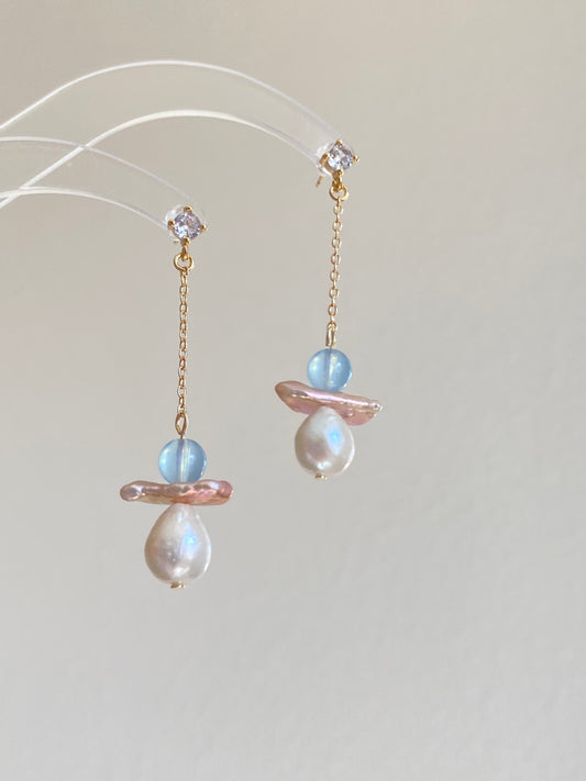 Celestial Angel Pearl Earrings, Aquamarine Baroque Pearl Dangle Earrings, Gold Drop Earrings, Handmade earring Gift for Her Bridesmaid Gift