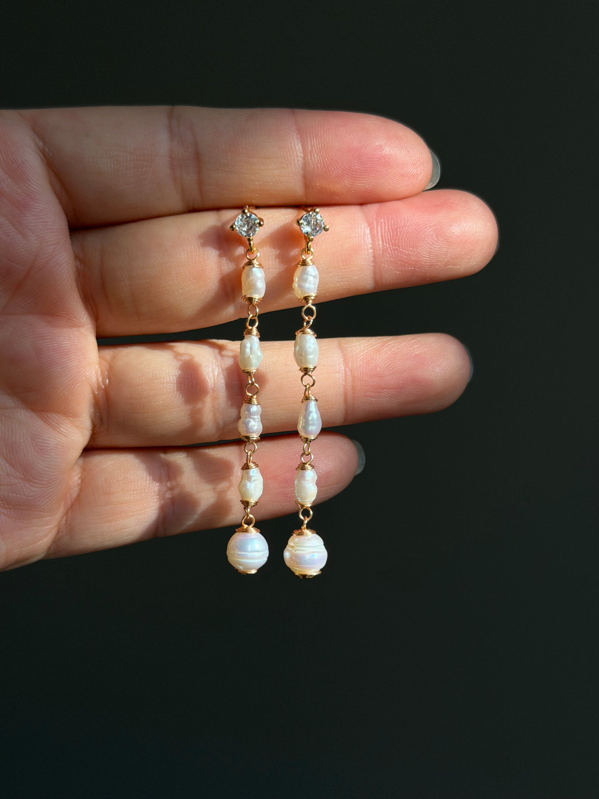 Letitia Linear Baroque Pearl Dangle Earrings