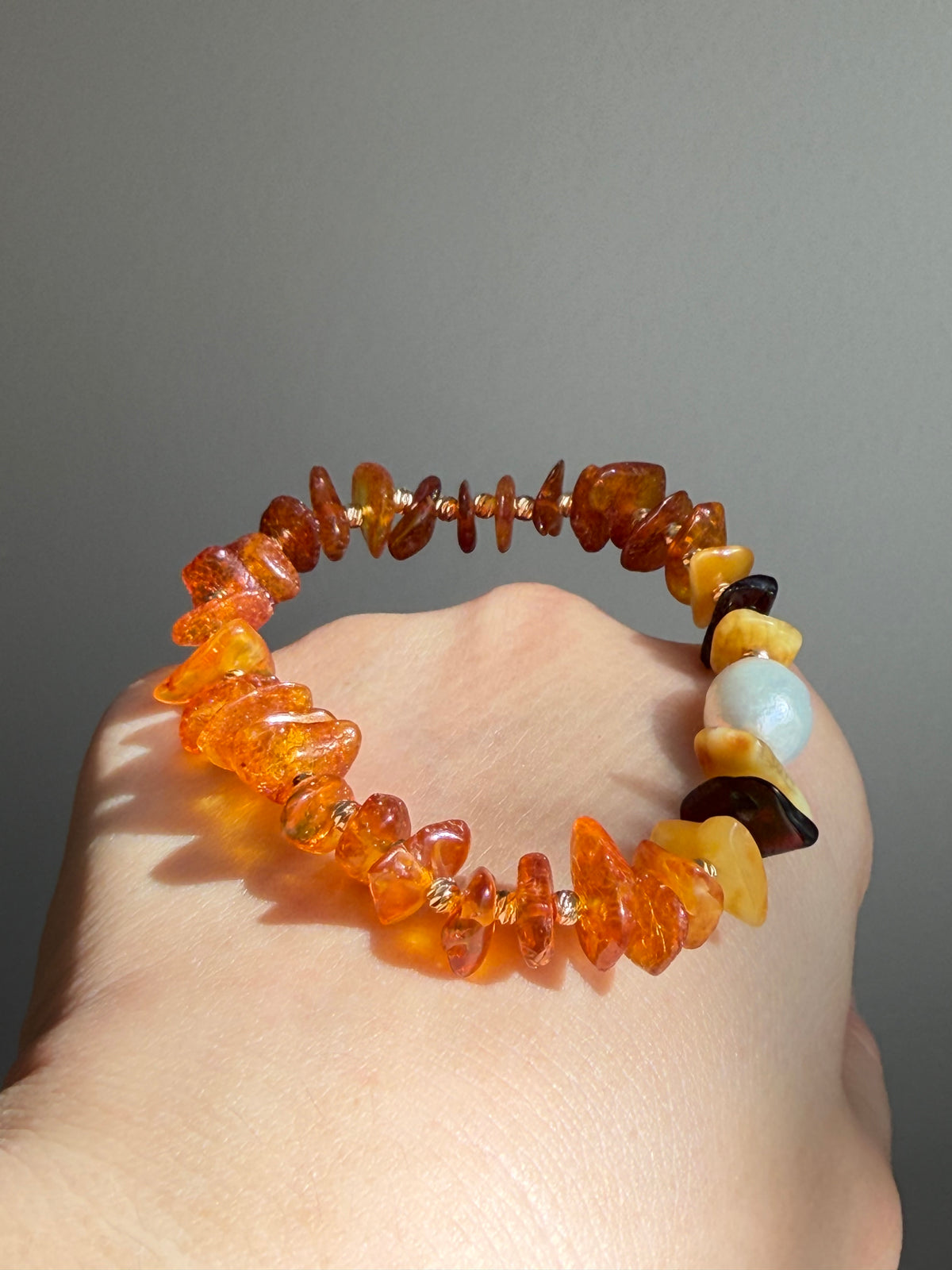 Autumn Fall Color Baltic Amber & Baroque Pearl Stretch Bracelet | Handmade Warm-Tone Jewelry