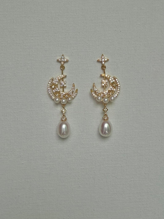 Celestial Star and Moon Baroque Pearl Dangle Earrings | Bridal & Wedding Accessories