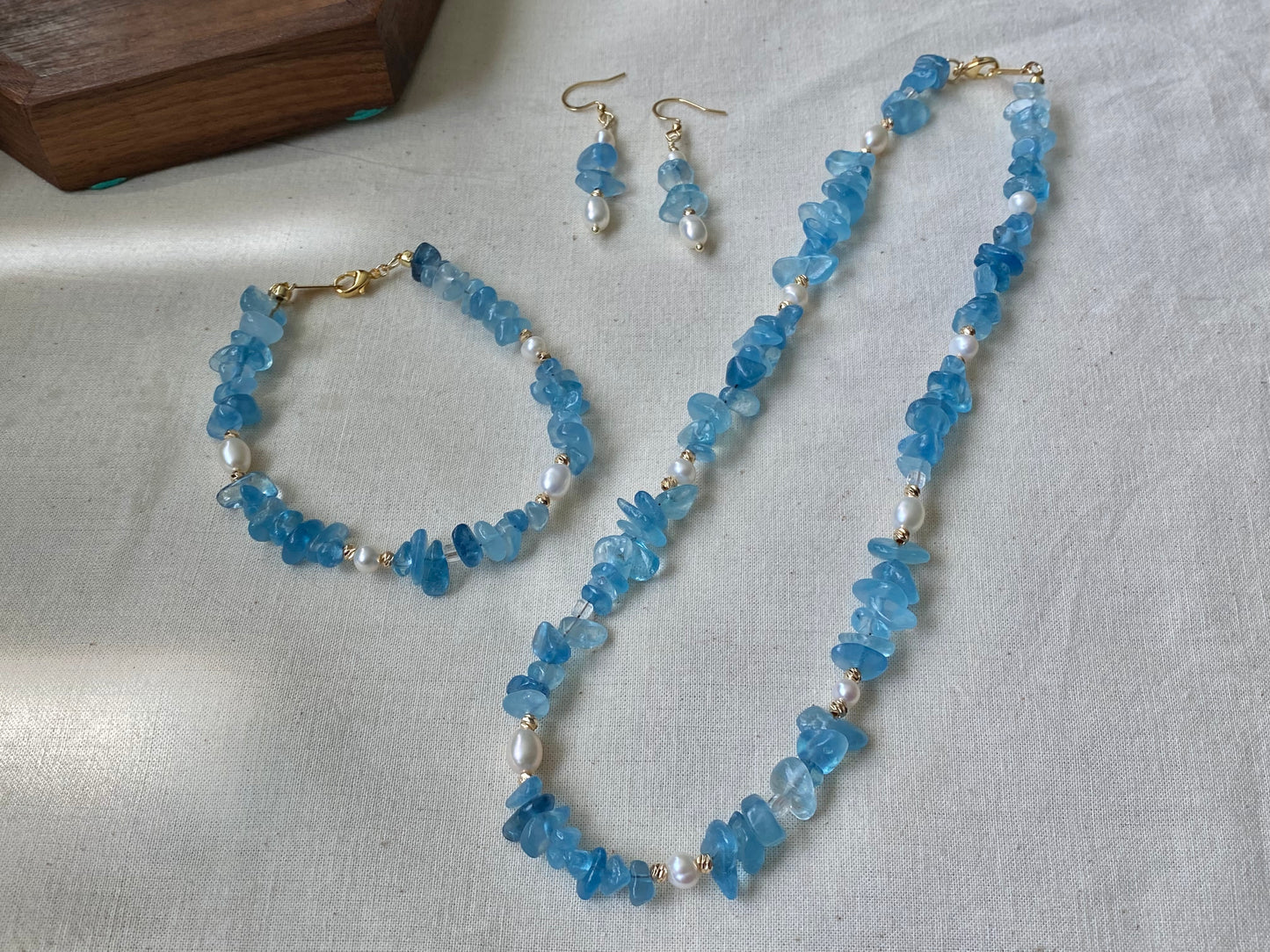 Aquamarine and Pearl Jewelry Necklace Bracelet Earrings 3 Piece Set  Convertible Long Necklace March Birthstone Gift for Her Bridesmaid Gift
