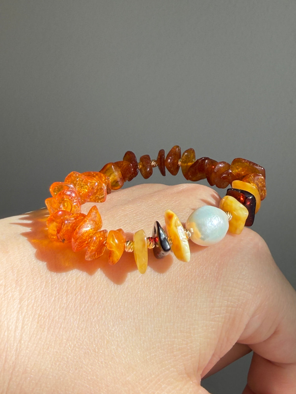 Autumn Fall Color Baltic Amber & Baroque Pearl Stretch Bracelet | Handmade Warm-Tone Jewelry