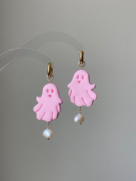 Handmade Pastel Goth Halloween Ghost Pearl Earrings Kawaii Pink Ghost Earrings Spooky Cute Earrings Baroque Pearl Jewelry Halloween earring
