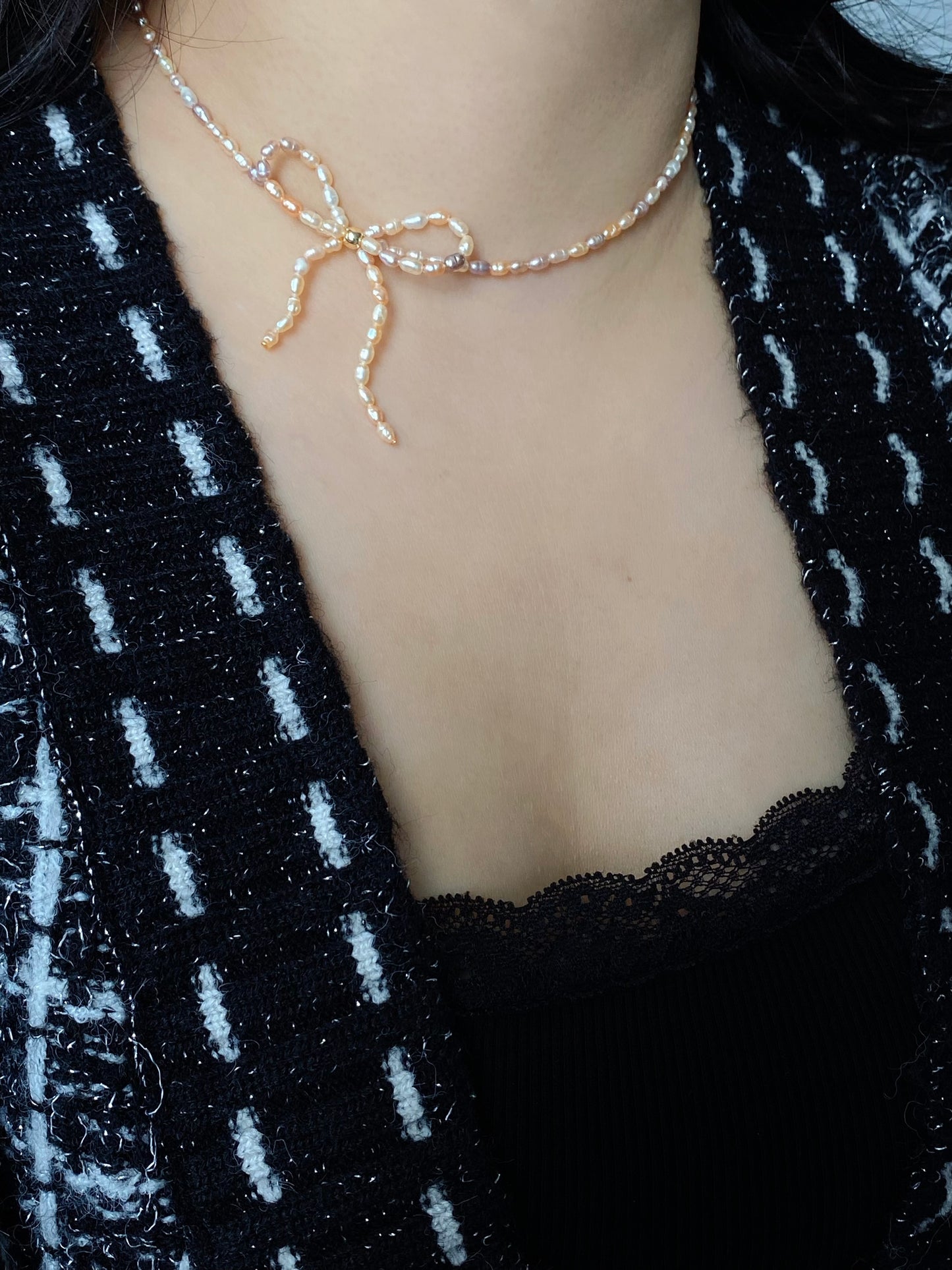 Mixed Color Pearl Ribbon Necklace & Earring Set | Elegant Bow Jewelry | 18K Gold Plated