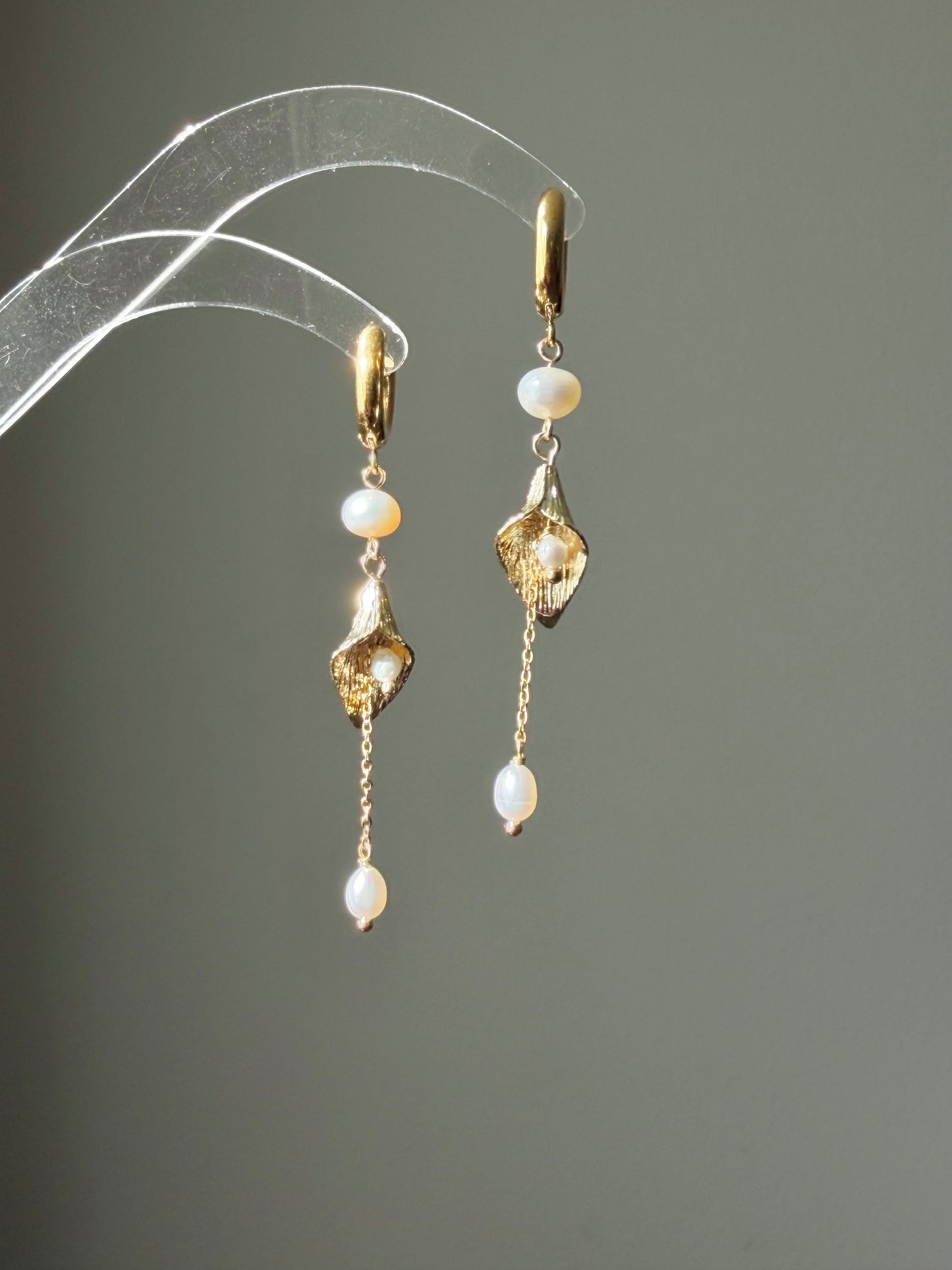 Gold Floral Calla Lily Pearl Tassel Dangle  Earrings  Wedding Bridal Jewelry  Elegant Statement Gift