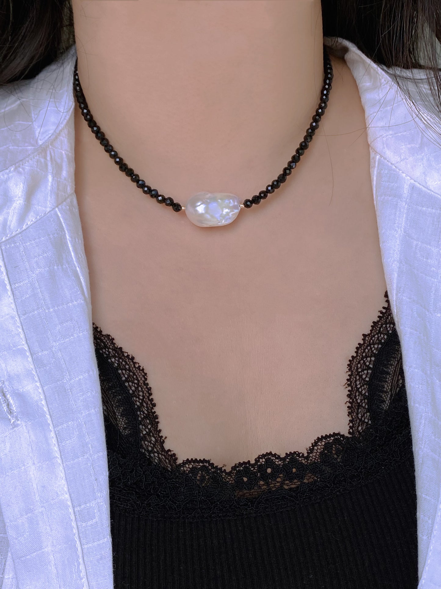 sparkling Black Spinel  Baroque Pearl Necklace Freshwater Pearl Statement Pearl Jewelry Gift for Her