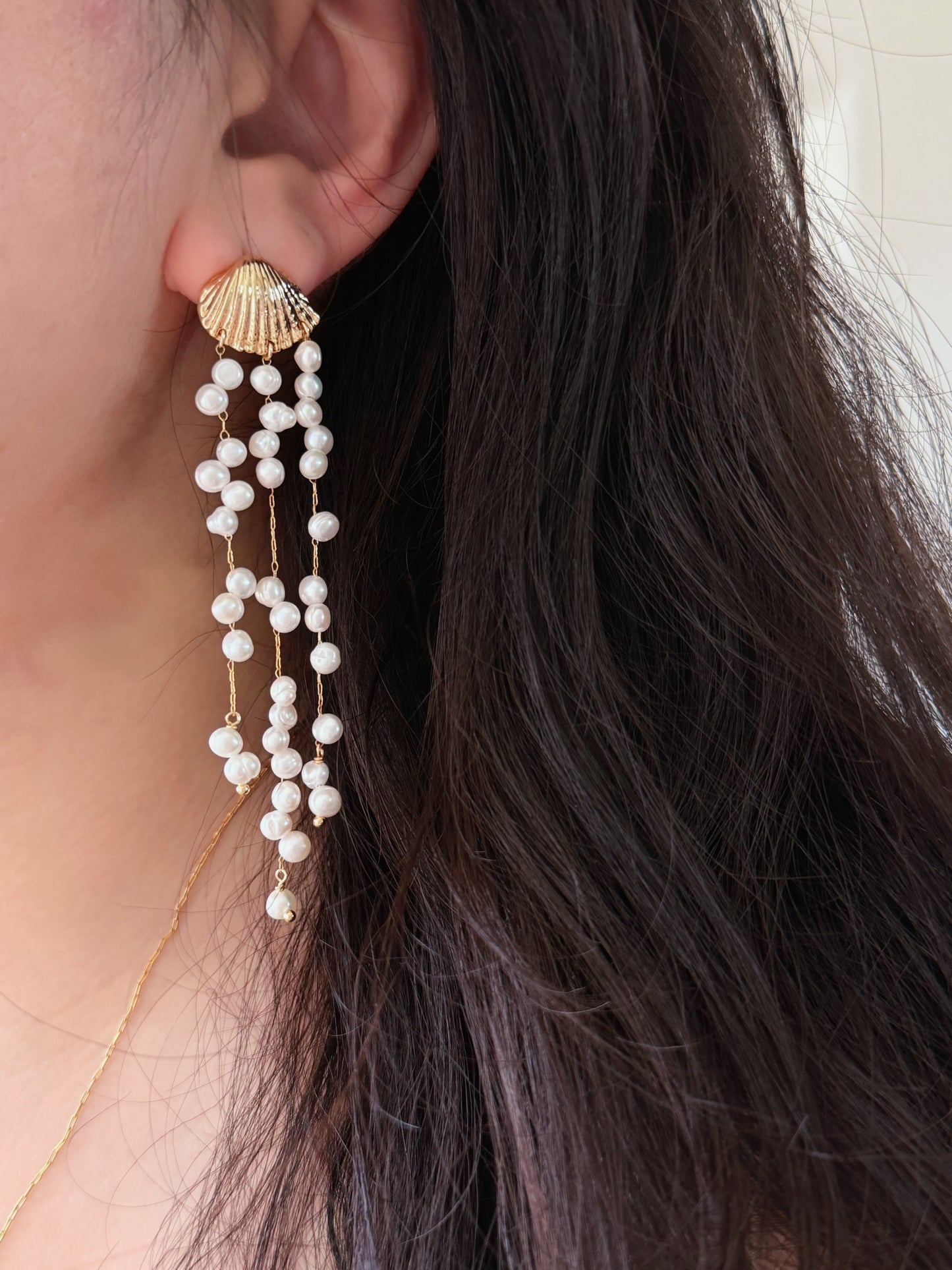 Ocean Breeze 14K Gold filled Shell baroque Keshi pearl tassel long Earring