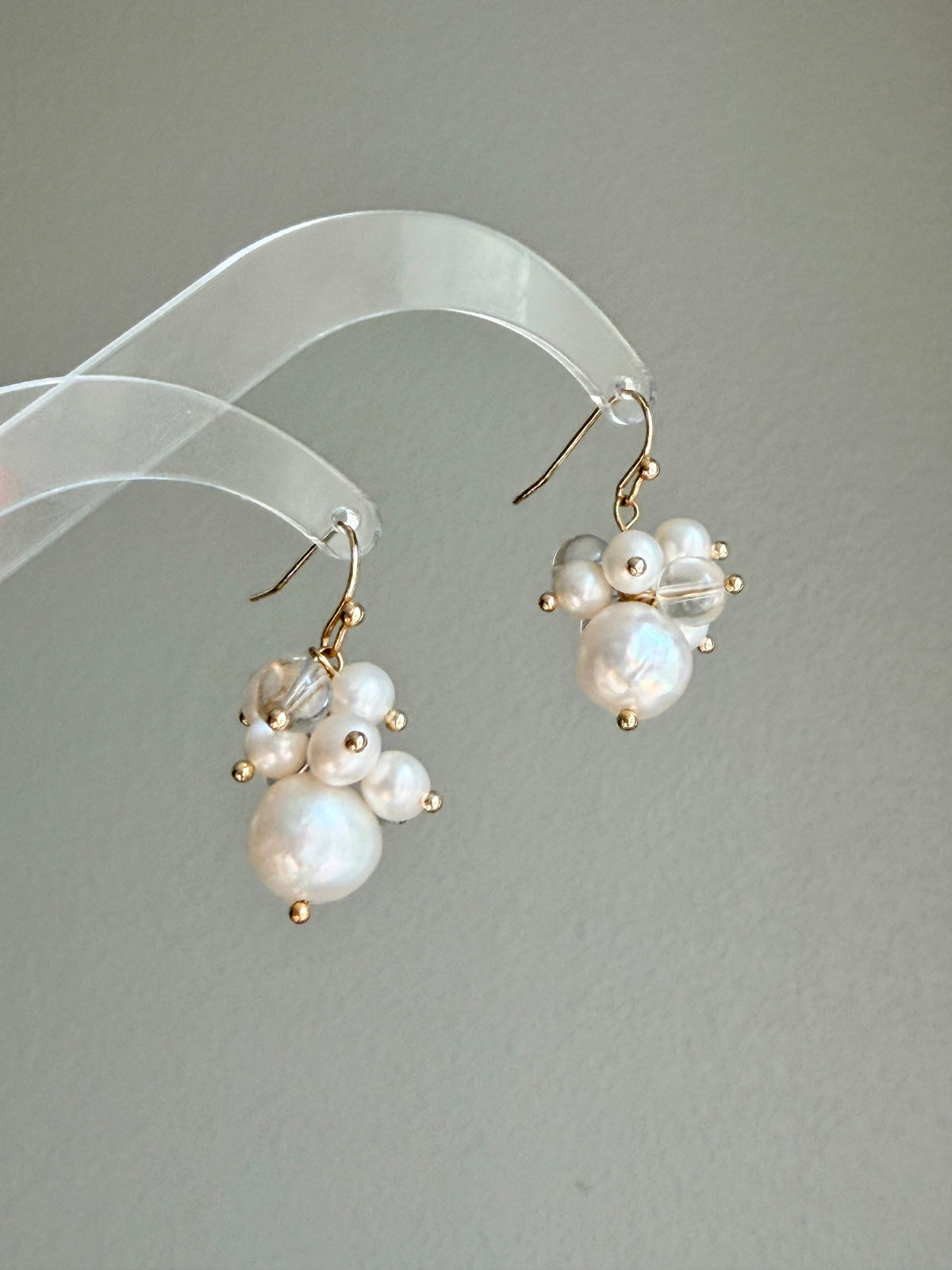 Clear Quartz & Baroque Pearl Bubble Cluster Earrings – 14k Gold Filled